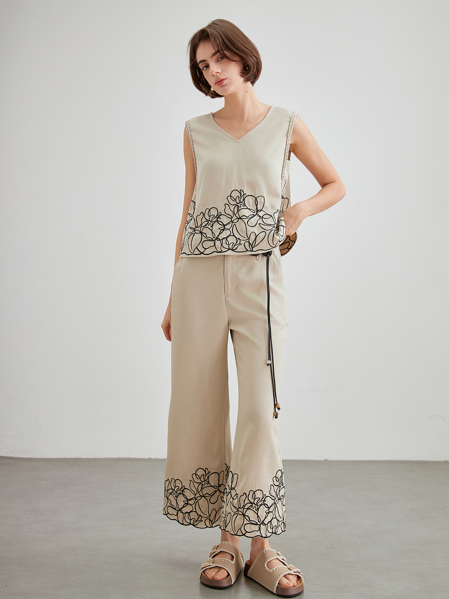 mi-tu 刺繡印花闊腿褲