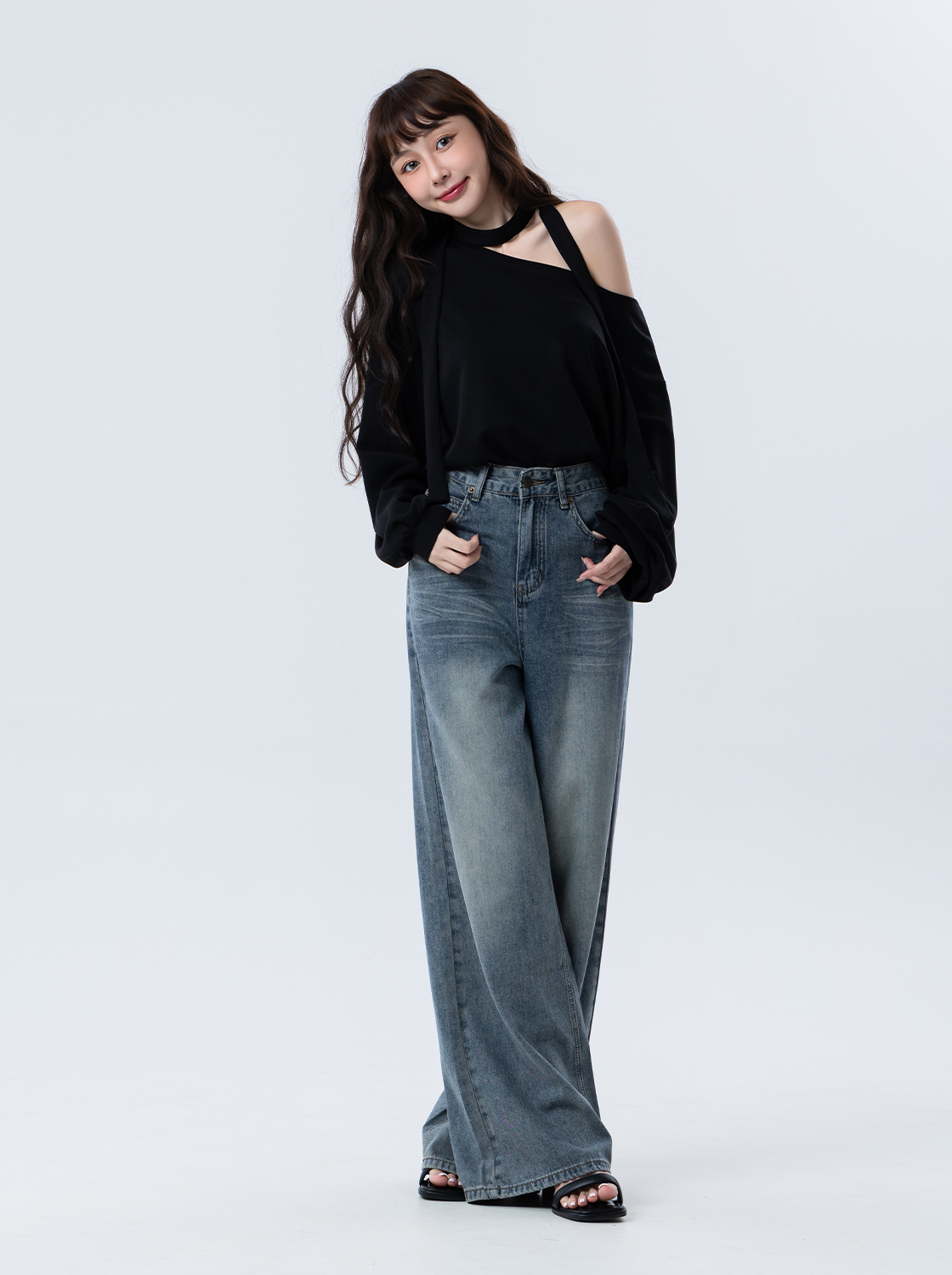 【2件1499】涼感貓鬚刷色直筒牛仔褲