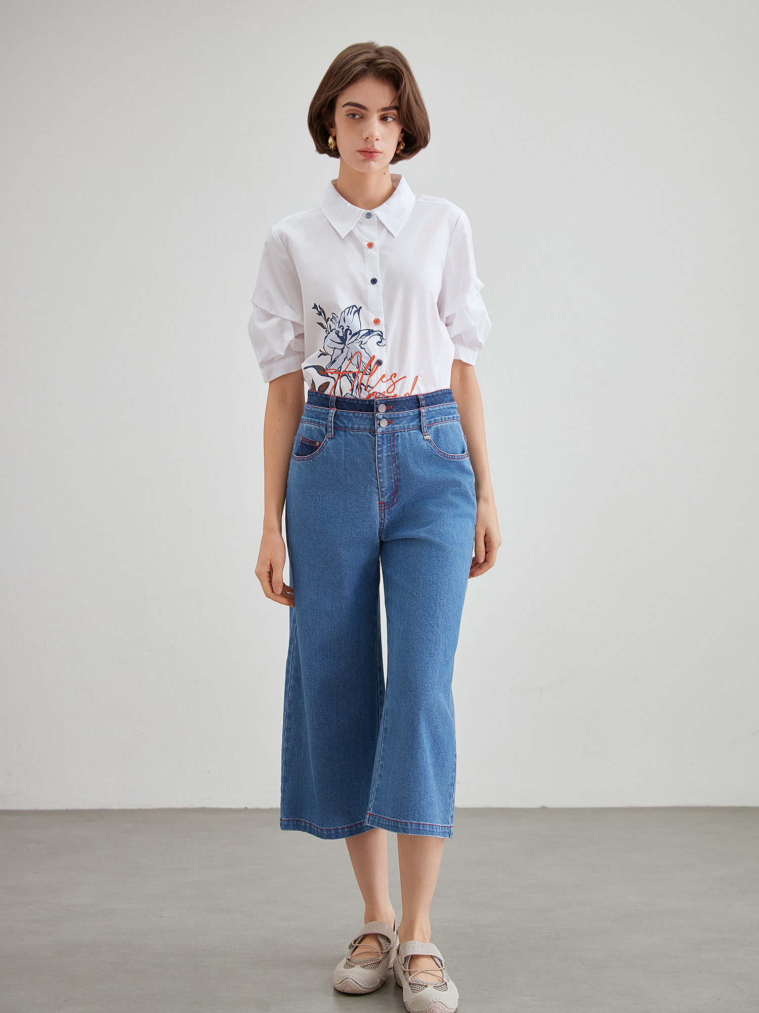 mi-tu 拼色闊腿牛仔褲