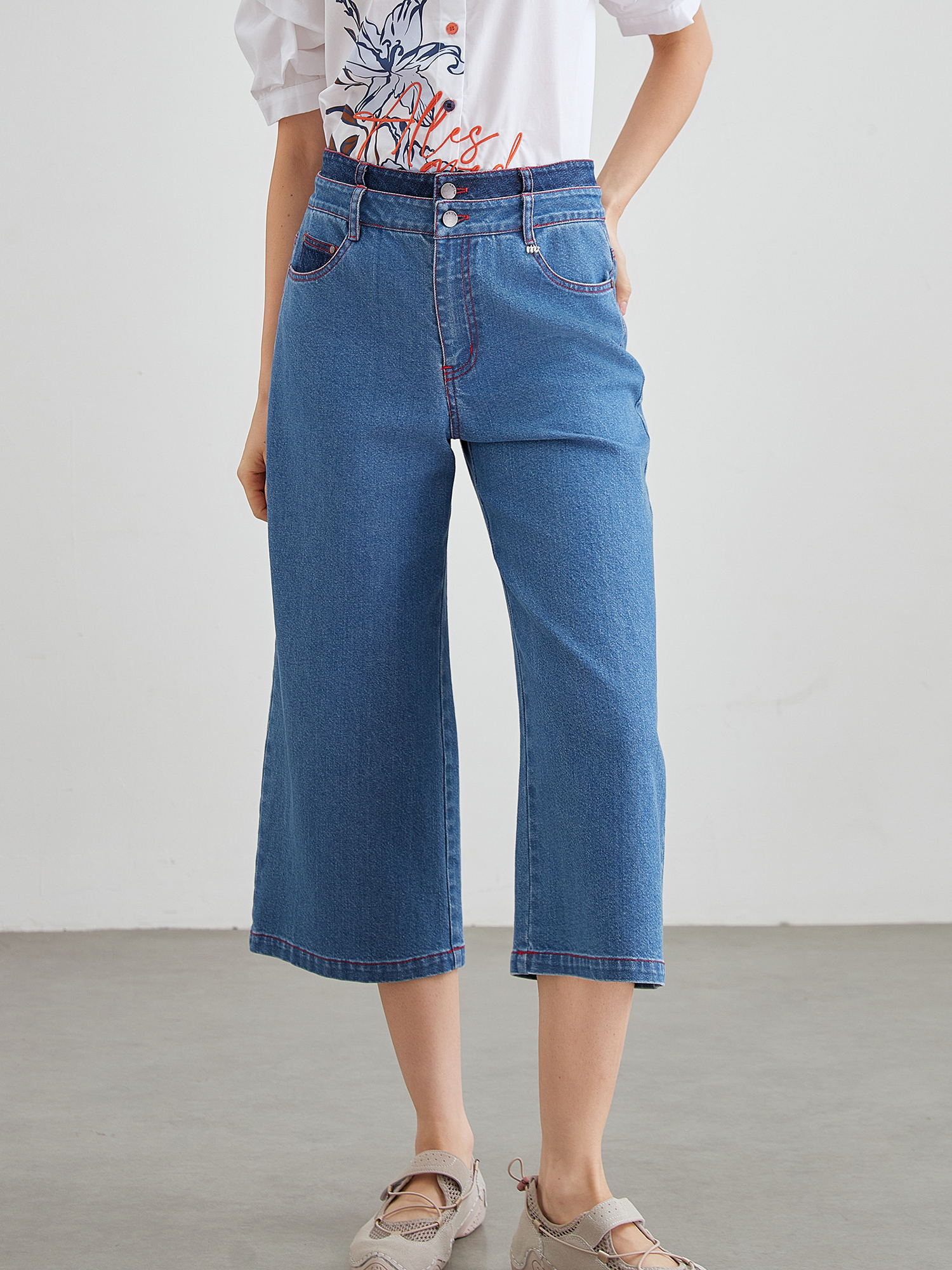 mi-tu 拼色闊腿牛仔褲