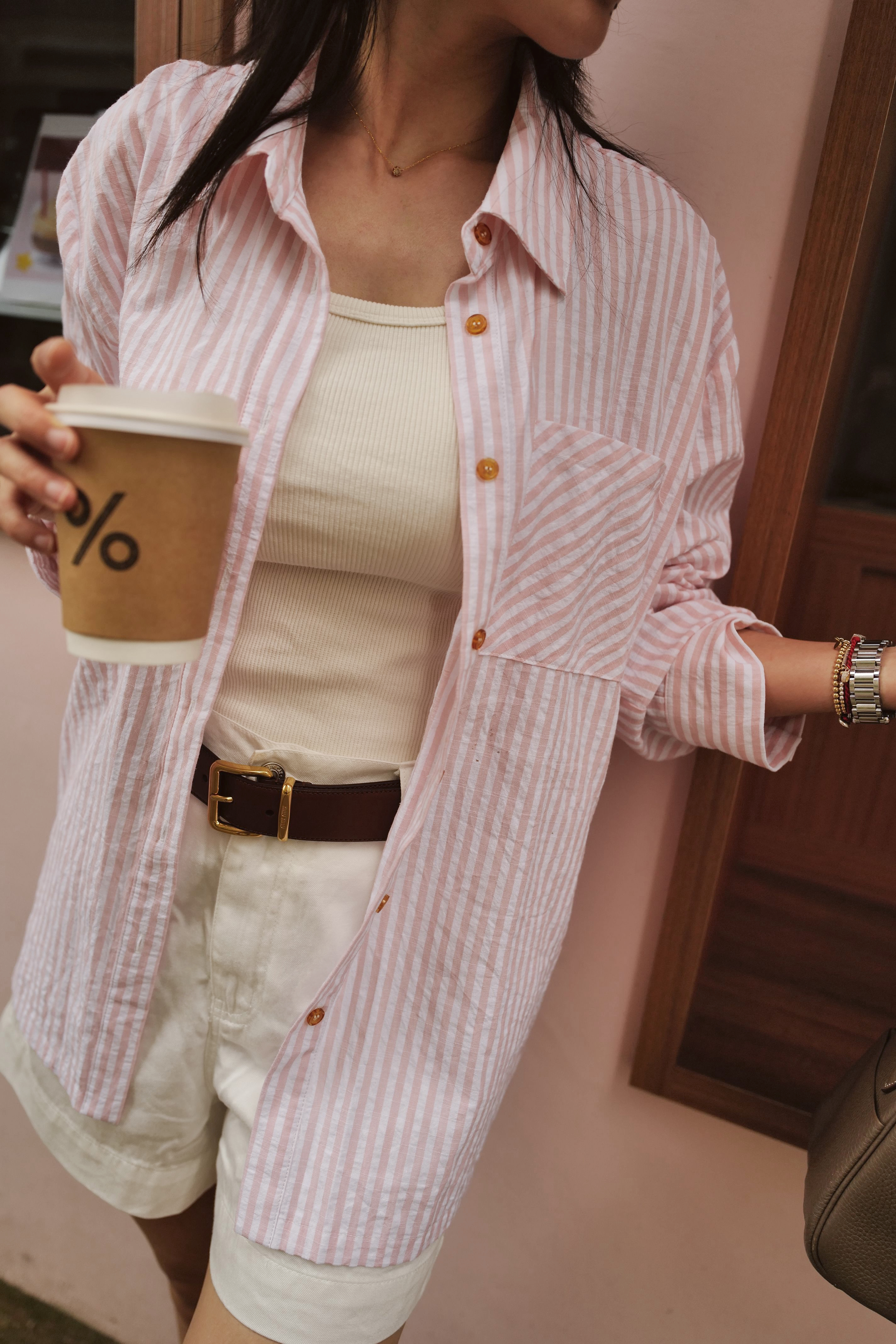 清新直條斜紋口袋襯衫-嫩粉