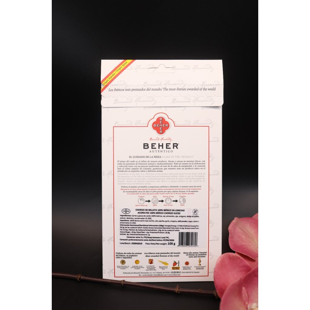 西班牙Beher 100% 伊比利亞黑毛豬(全橡果Bellota)辣香腸切片100g