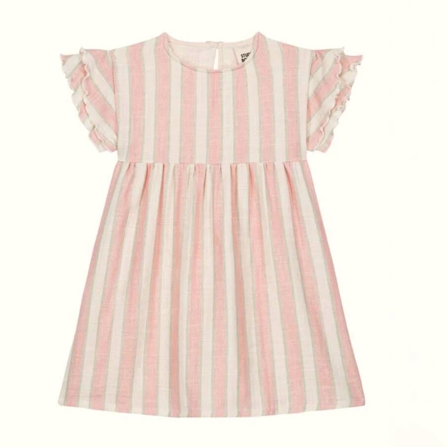 STUDIO BOHEME 草莓開心果條紋木耳邊雙層袖洋裝 ROBE COUSIN - RAYURES FRAISE PISTACHE