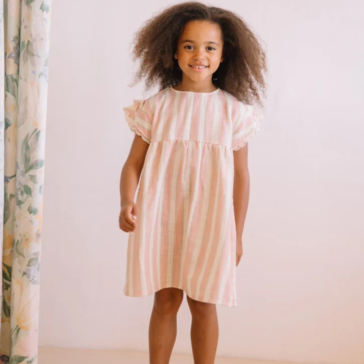 STUDIO BOHEME 草莓開心果條紋木耳邊雙層袖洋裝 ROBE COUSIN - RAYURES FRAISE PISTACHE