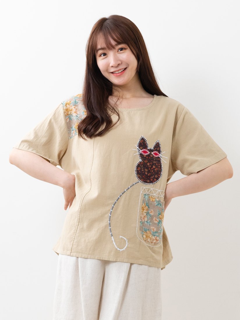 拼布小貓口袋棉麻感上衣棉麻五分短褲組合