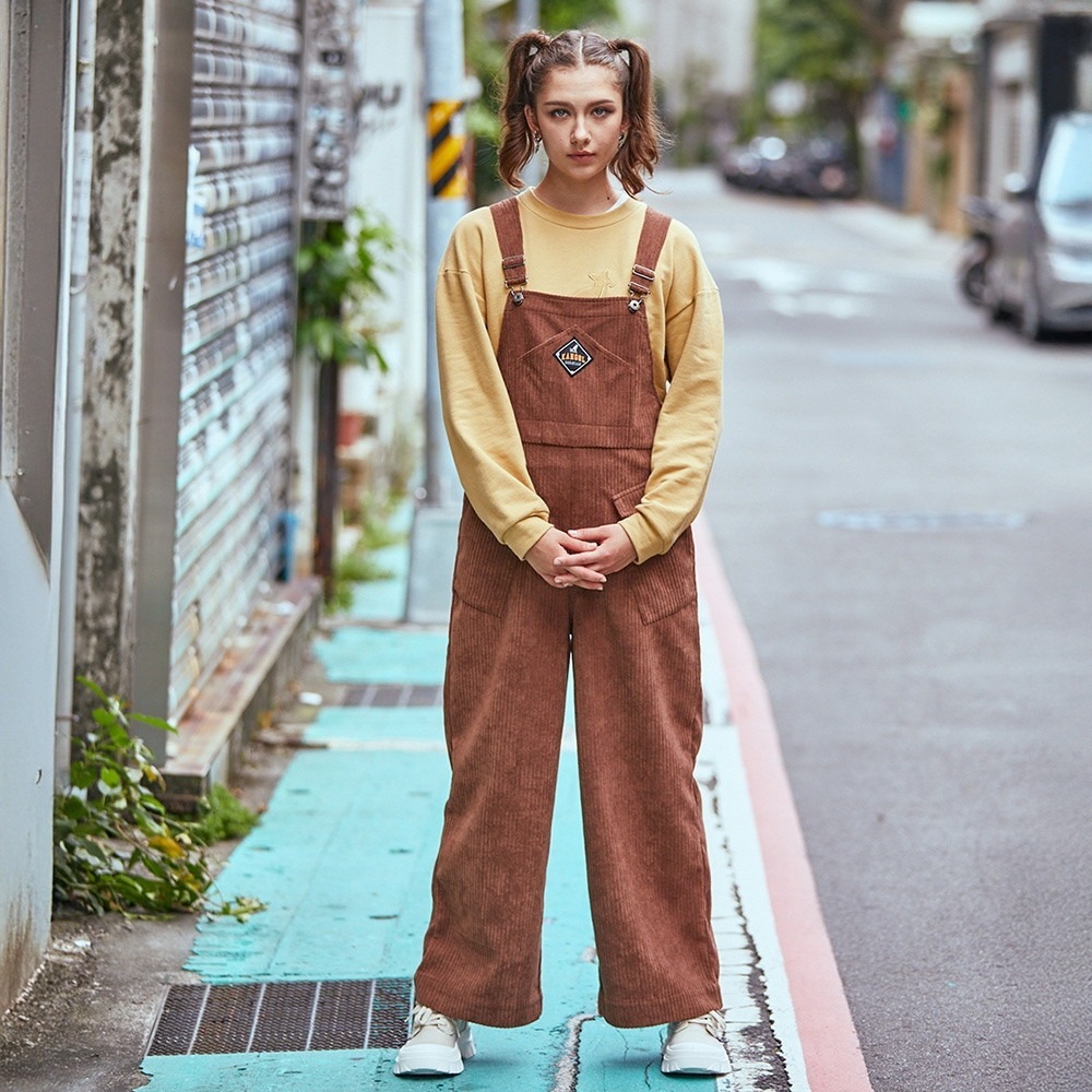 【Kangol】女款燈芯絨吊帶褲｜燈芯絨質感 層次穿搭-咖啡色