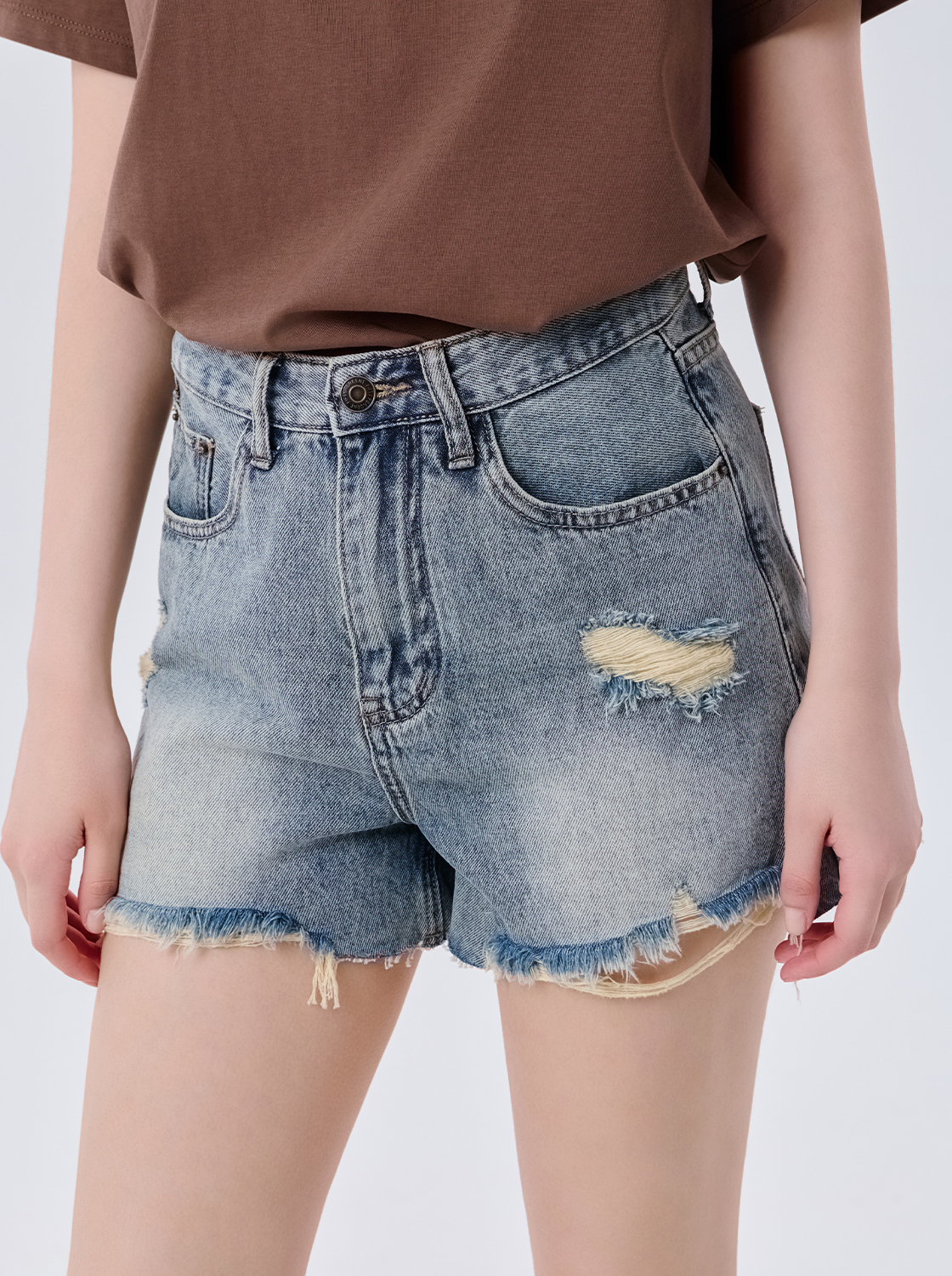高腰刷破牛仔短褲