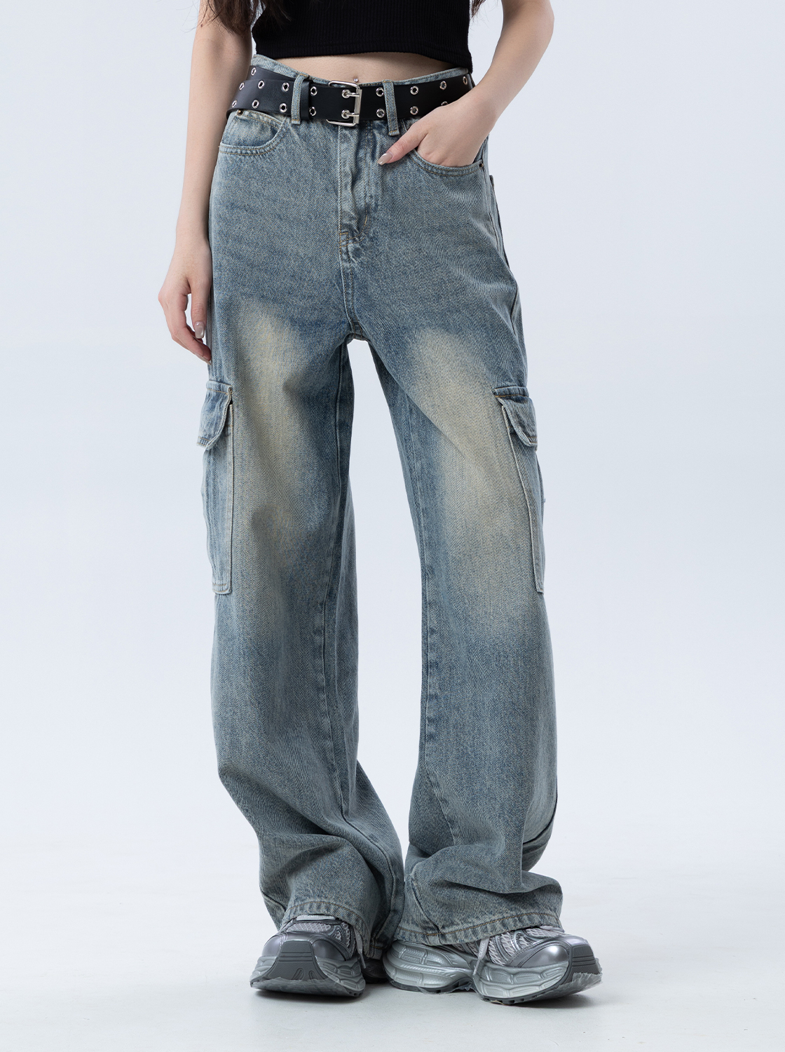 附皮帶水洗工裝牛仔褲