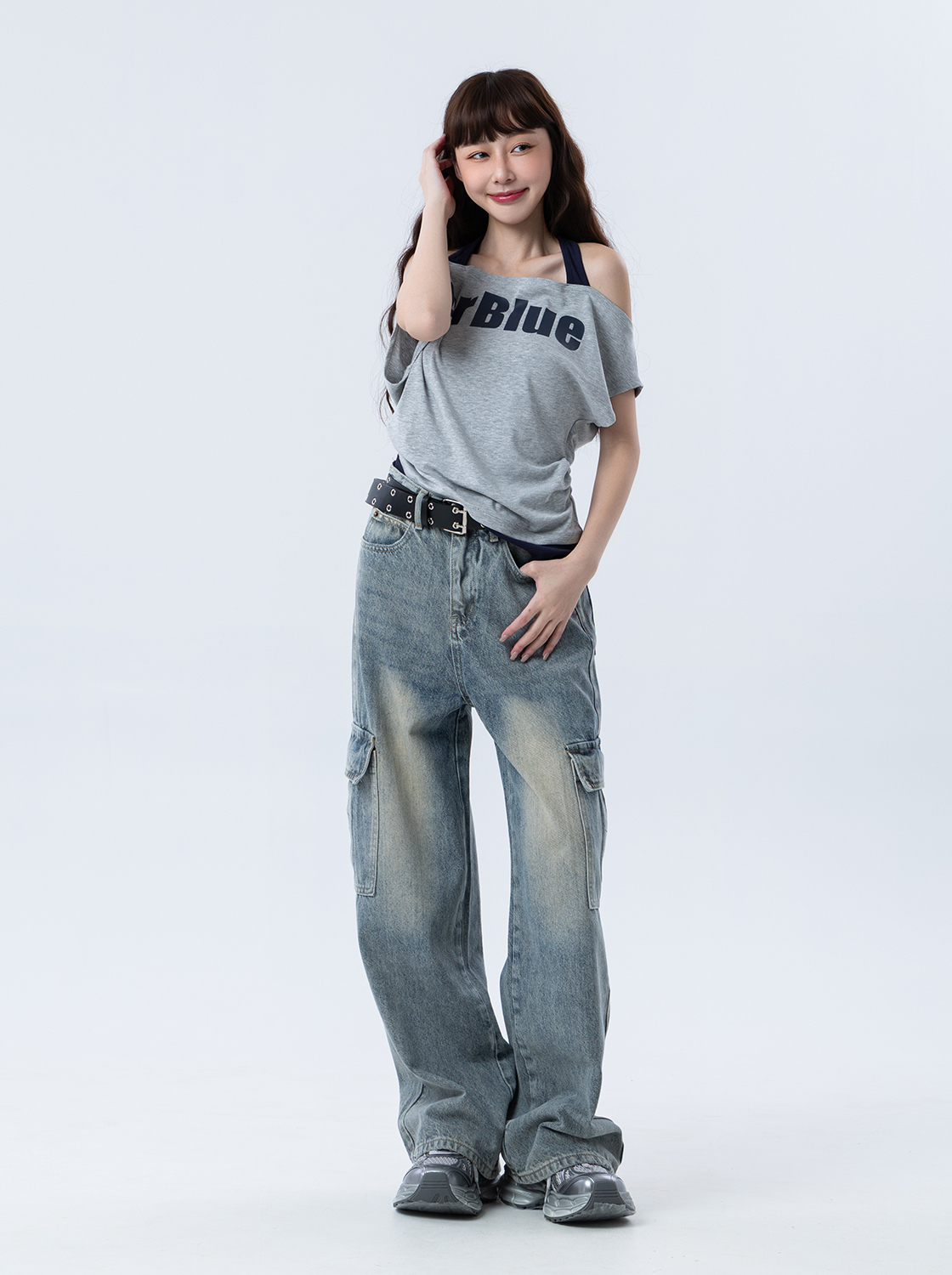 附皮帶水洗工裝牛仔褲