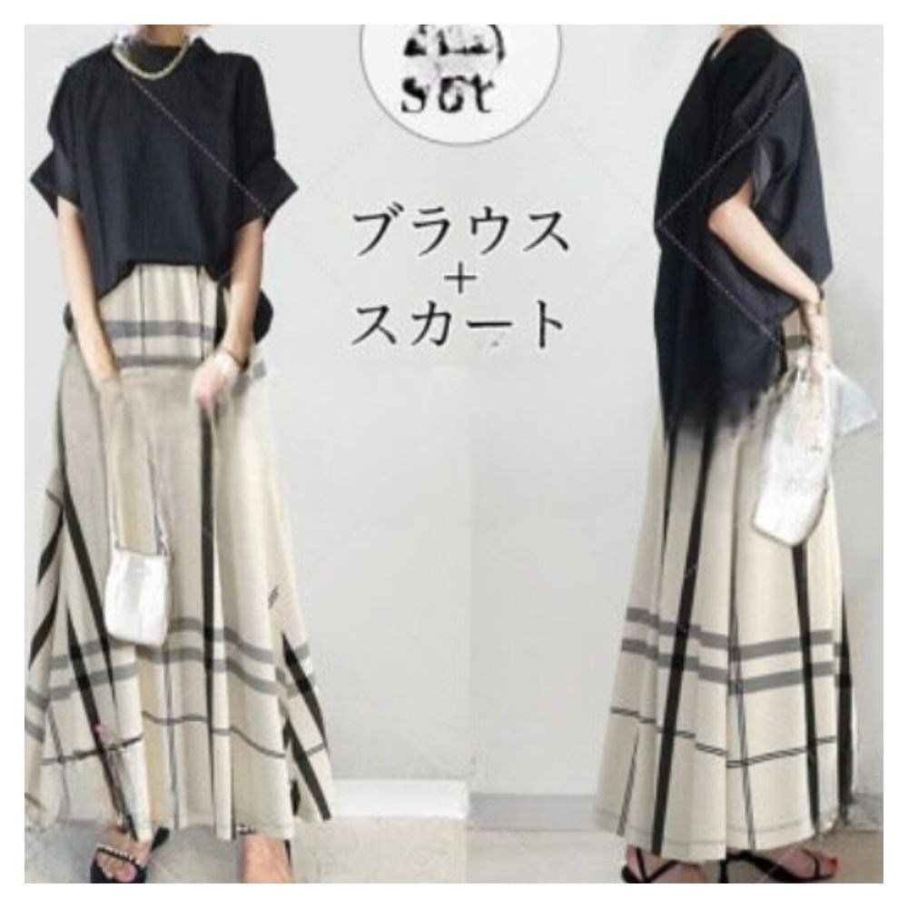 【ASister 小姊姊 】AS0608#套裝/洋裝☆2件式套裝_*圓領蝙蝠袖*短袖上衣+英倫格紋長裙(黑衣+米黑格裙 S-L)
