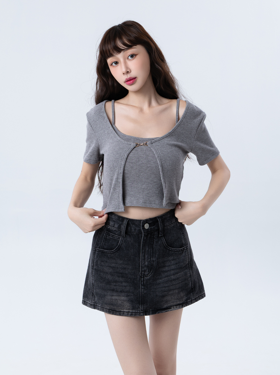 剪接貓鬚牛仔短裙