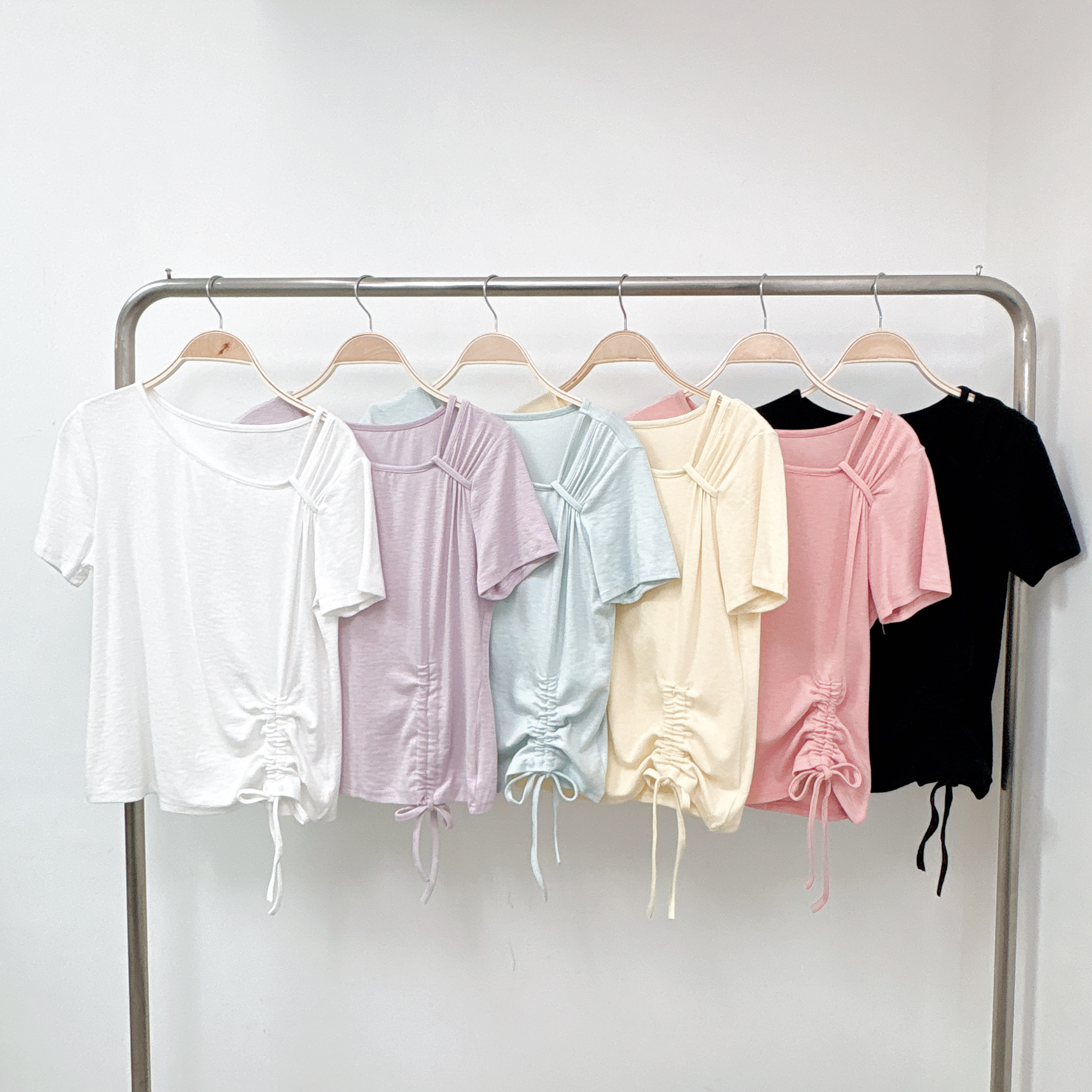 【預訂】不規則搭帶車皺領位索繩腳柔軟雪花棉TOP (S57-S62)