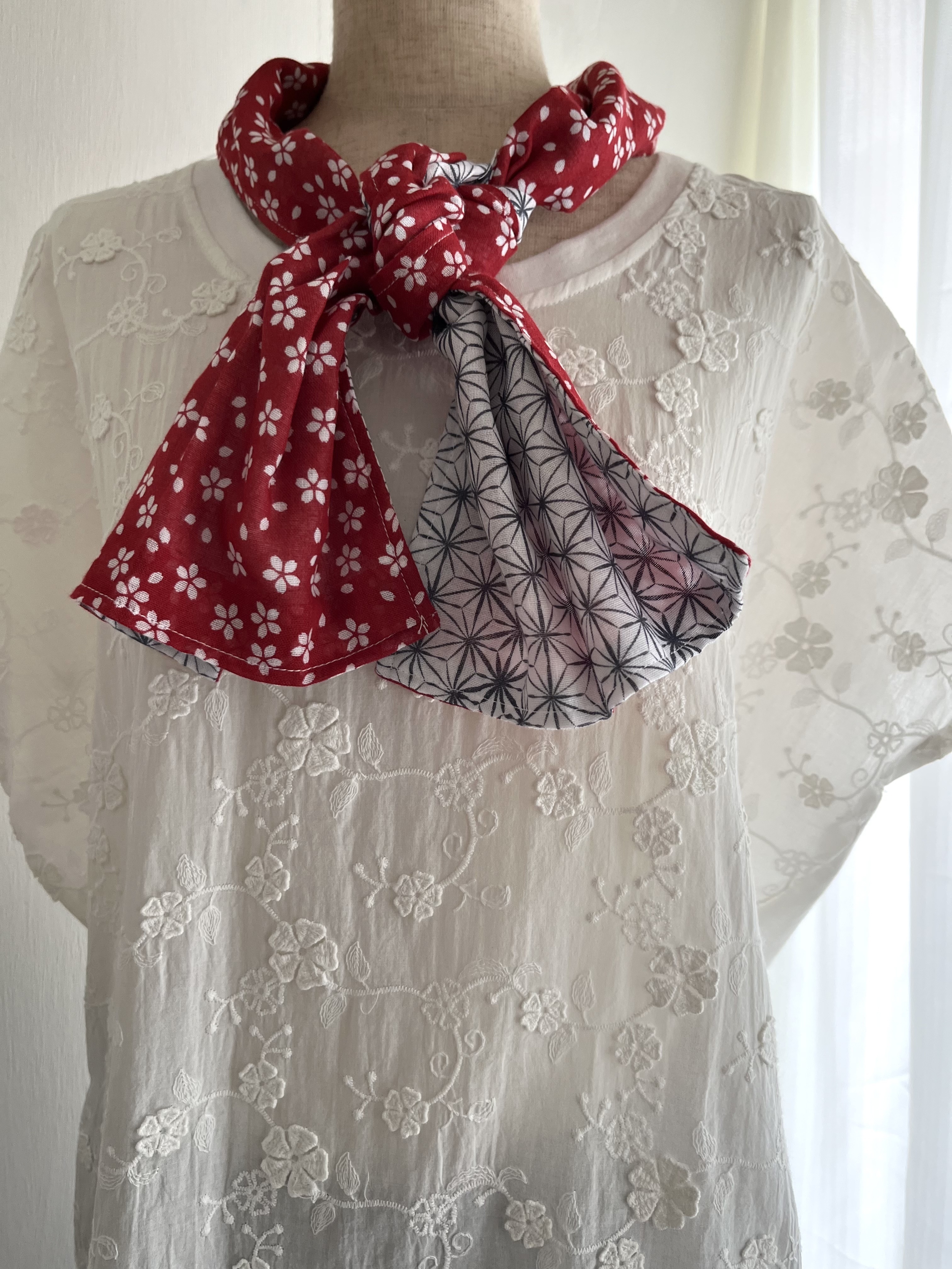 日本製紅色樱花拼色圍巾