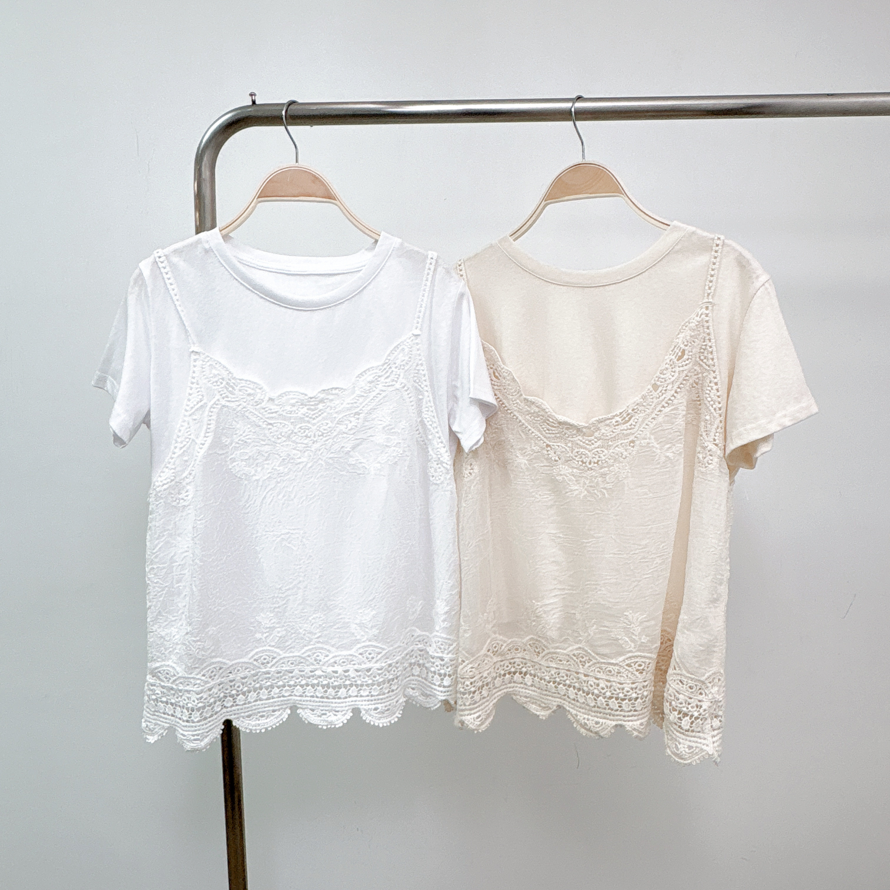 【預訂】波浪通花拼邊刺繡花紋透薄麻棉吊帶連TEE兩件套 (S18-S19)