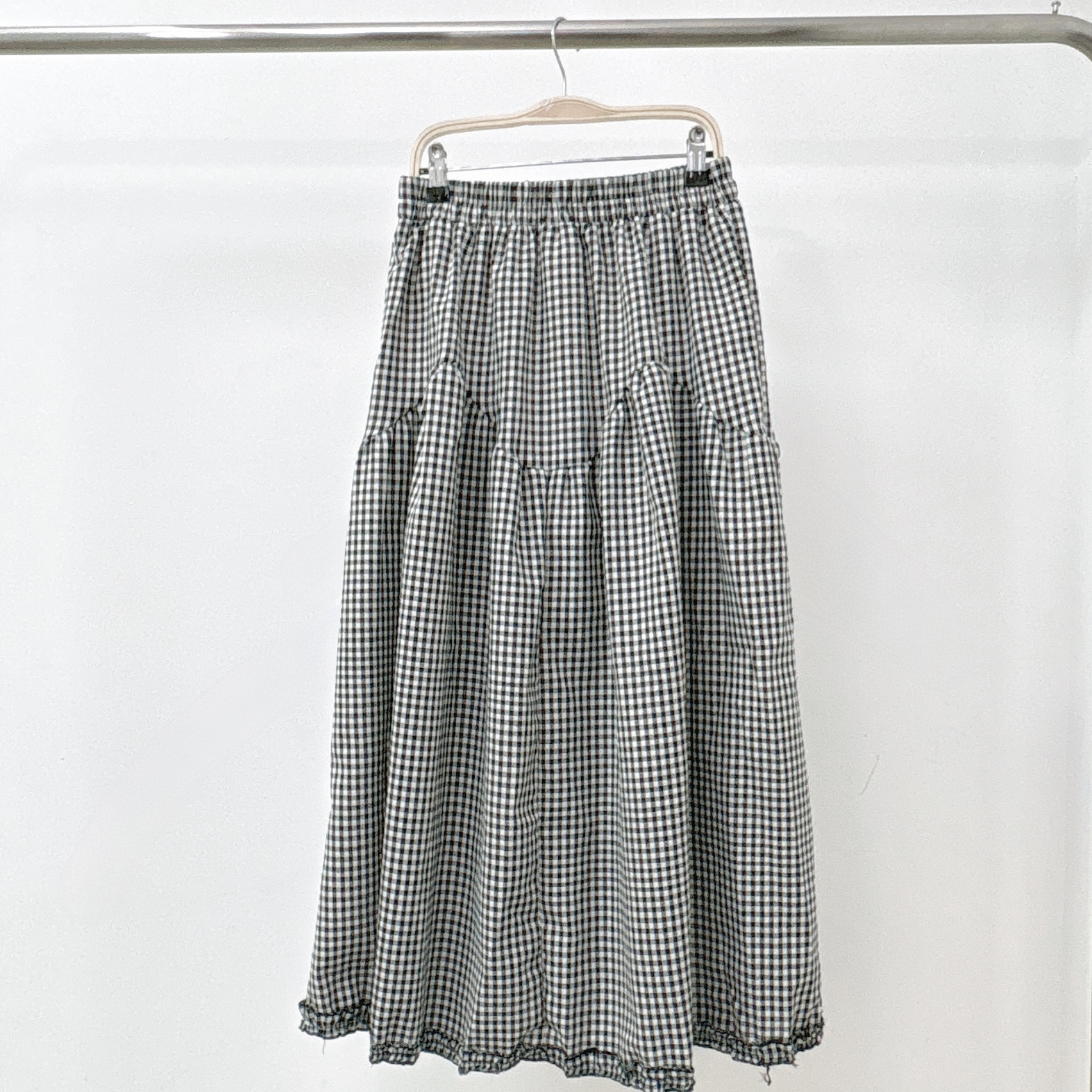 【預訂】小格紋波浪車骨花邊拼腳半身裙-有內裡 (S3)