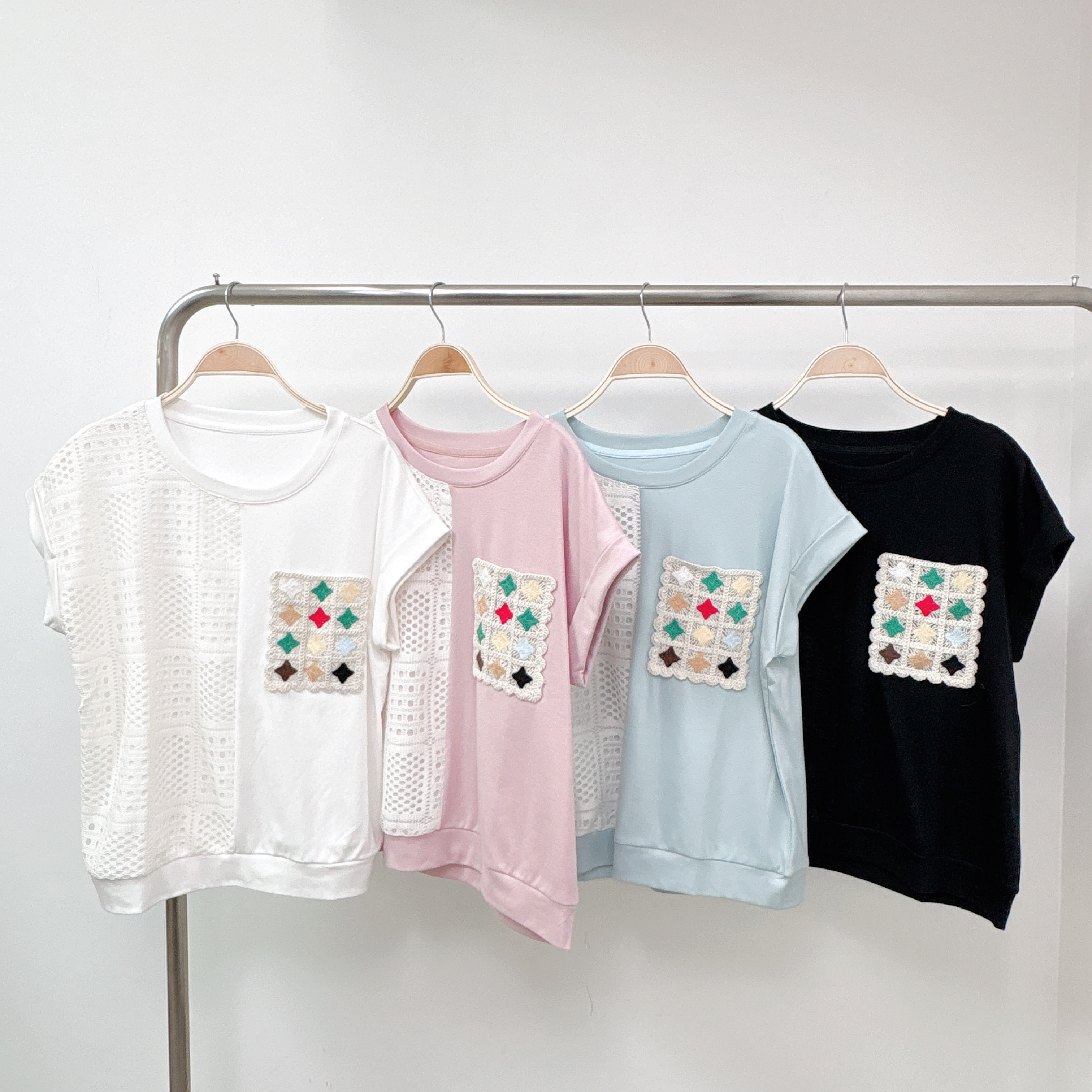 ⭐️⭐️【預訂】彩色菱格針織口袋半拼通花摺袖棉TOP (S4-S7)