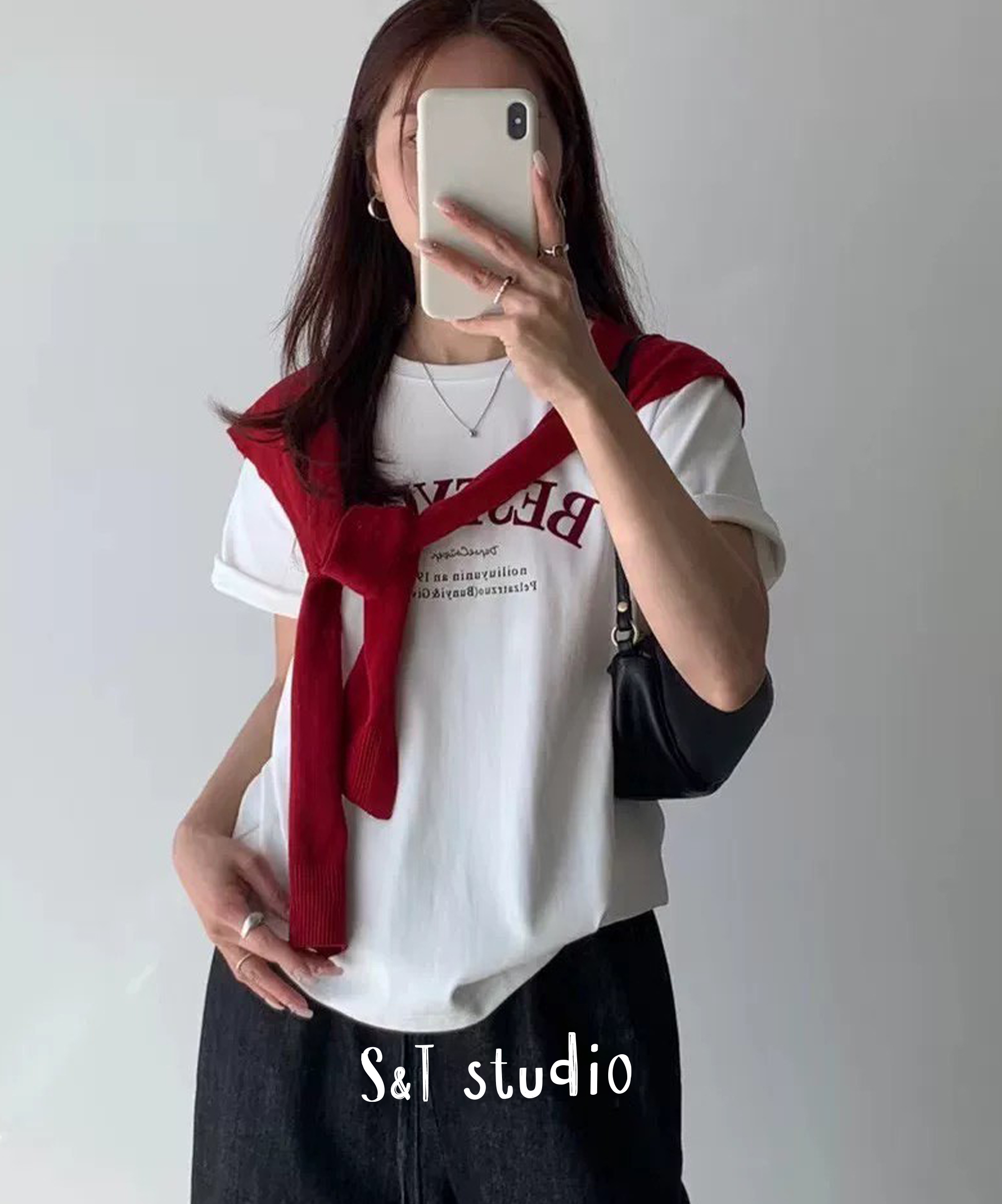 1+1 撞色披肩英文字母Tee  (兩色)