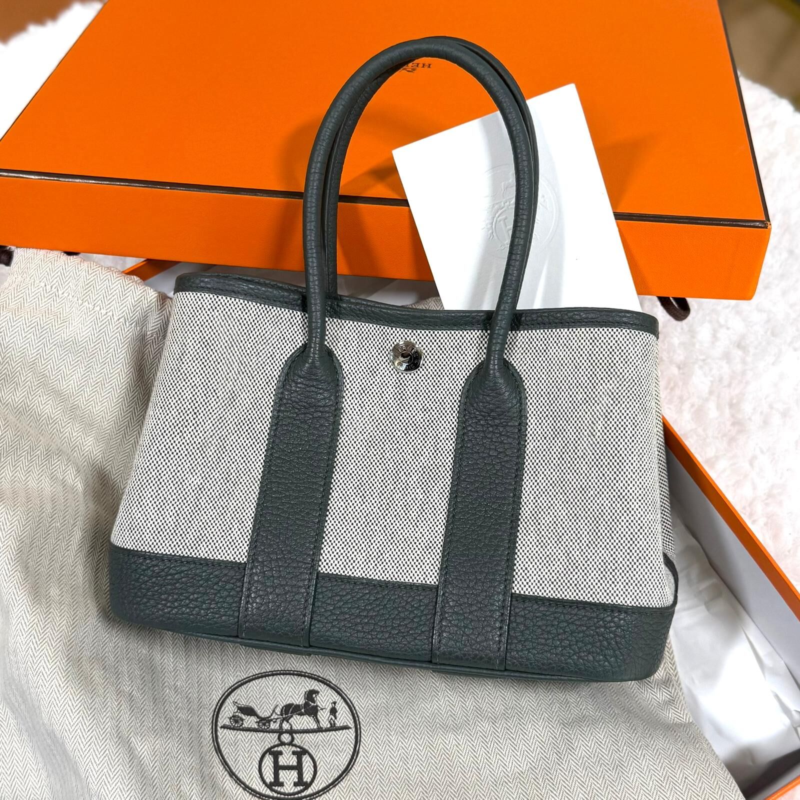全新HERMES MINI GARDEN PARTY 23 K刻 灰綠色帆布 #GP23 #BRAND NEW #香榭站正品