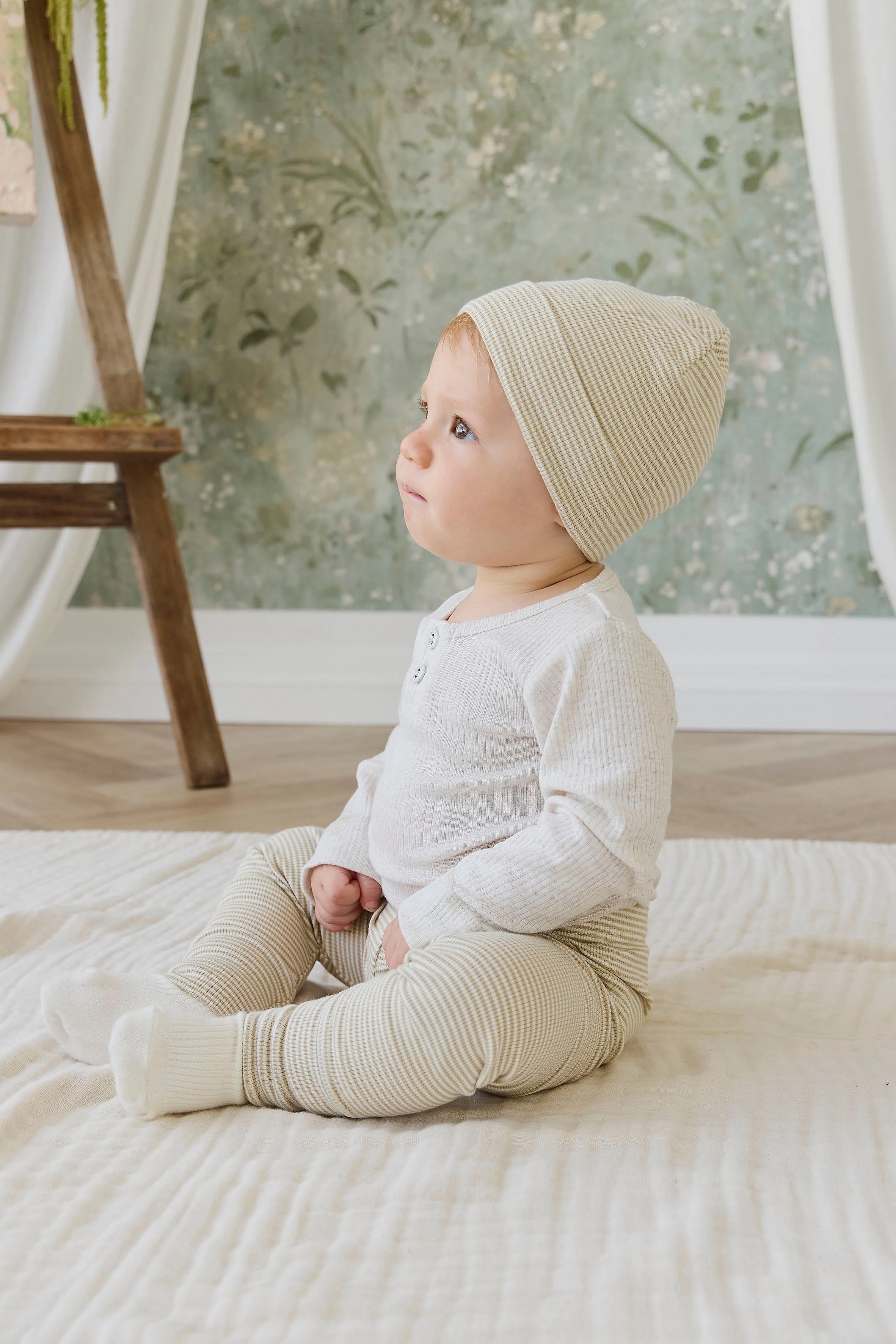 【預購】JAMIE KAY -Organic Cotton Fine Rib Micah Beanie-Petite Stripe Hay（Cloud)