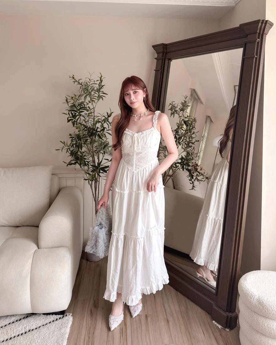LINA LINA悸動仙氣緹花蝴蝶結荷葉洋裝-唯美白