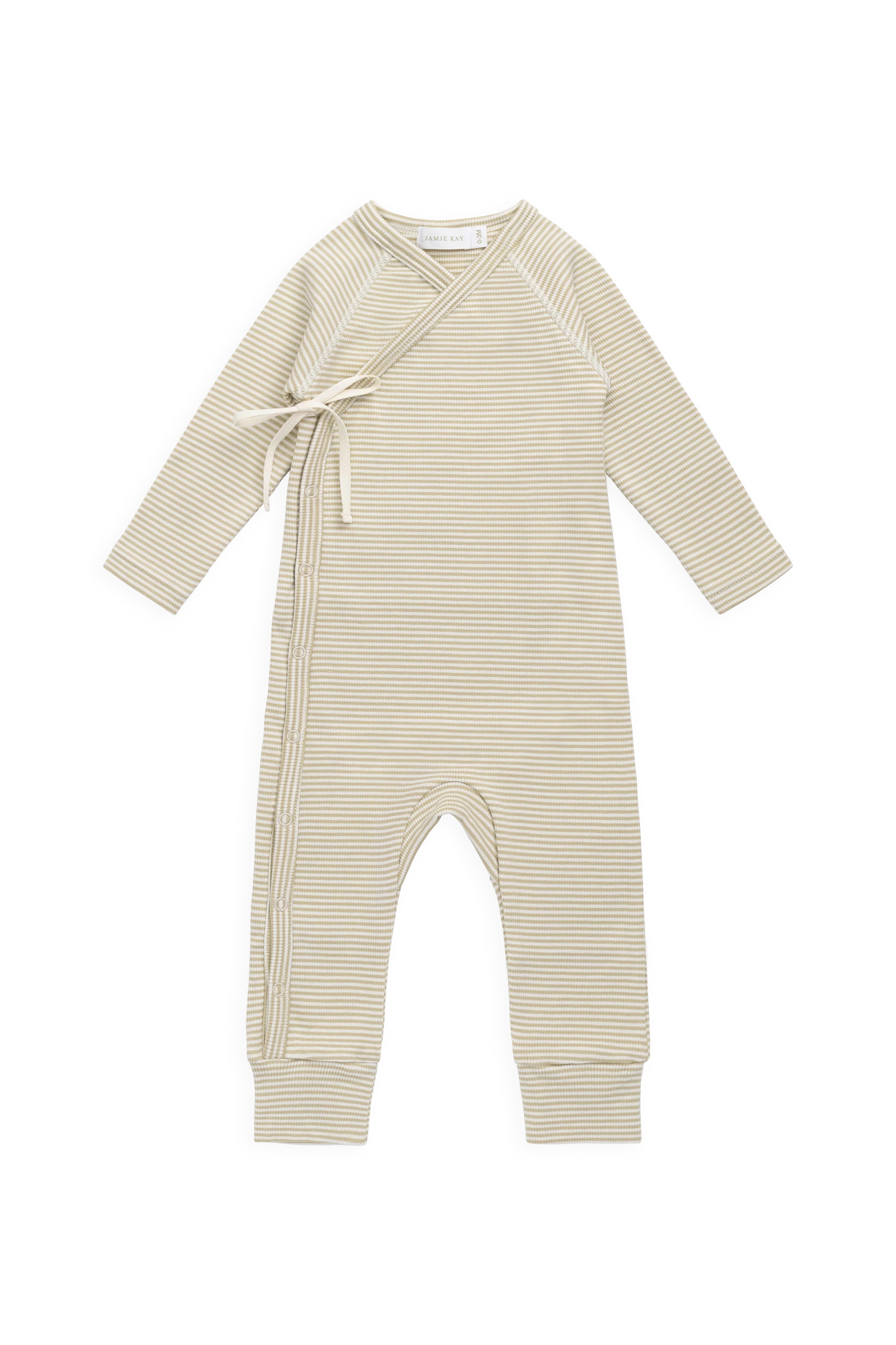 【預購】JAMIE KAY -Organic Cotton Fine Rib Micah Wrap Onepeice-Petite Stripe Hay（Cloud)