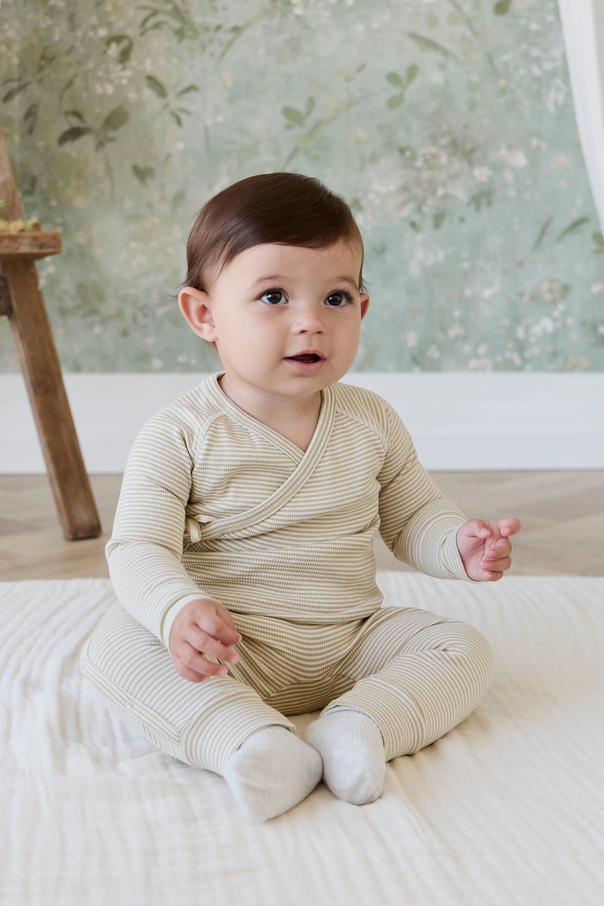 【預購】JAMIE KAY -Organic Cotton Fine Rib Micah Wrap Onepeice-Petite Stripe Hay（Cloud)