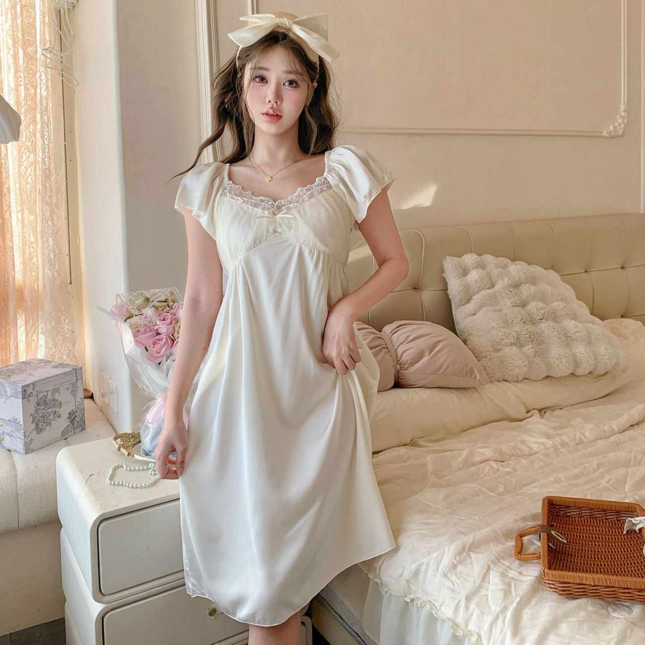 【月光織夢】法式宮廷風蕾絲公主居家睡裙(自帶胸墊)