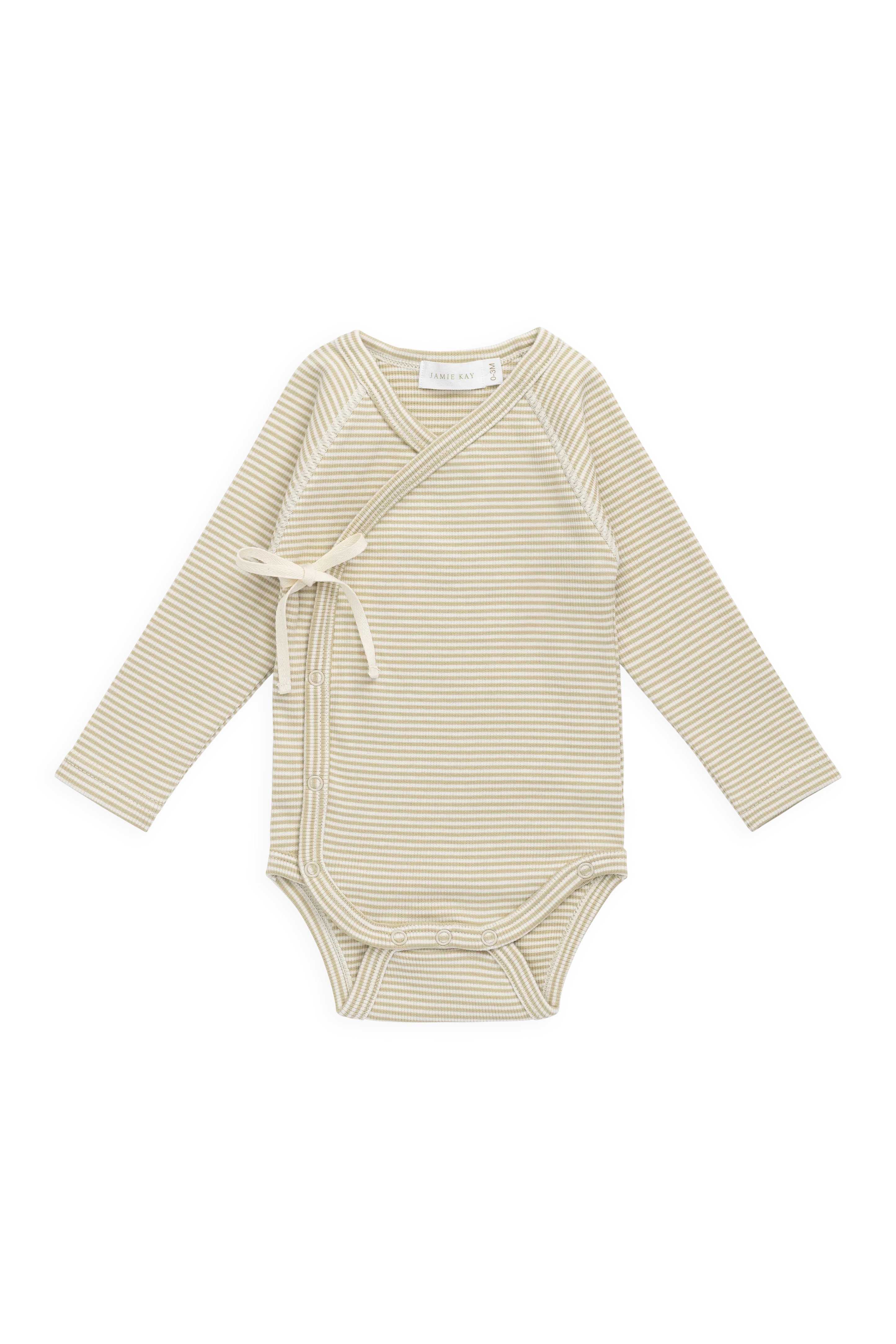 【預購】JAMIE KAY -Organic Cotton Fine Rib Micah Wrap Long Sleeve playsuit-Petite Stripe Hay（Cloud)