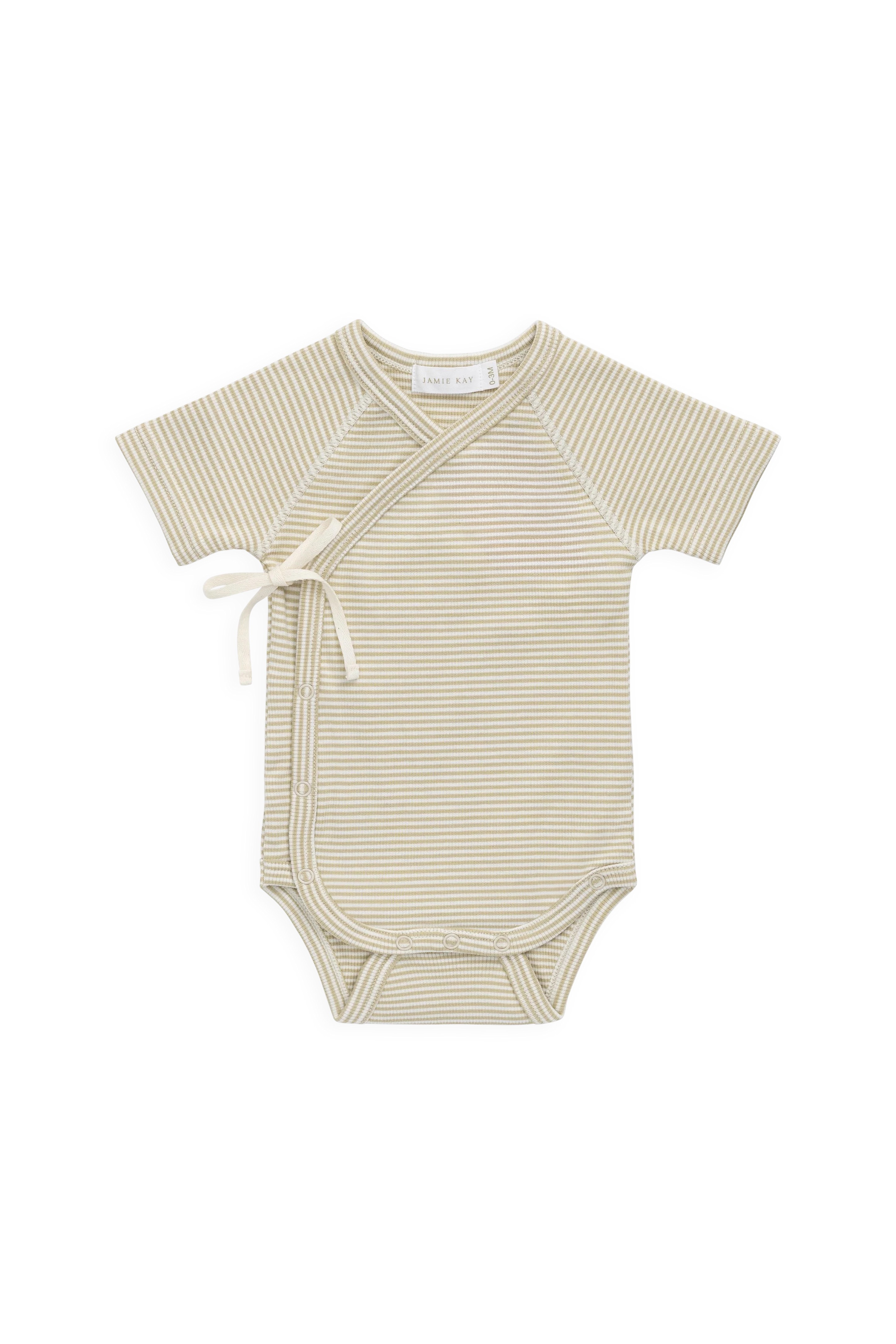 【預購】JAMIE KAY -Organic Cotton Fine Rib Micah Wrap Short Sleeve playsuit-Petite Stripe Hay（Cloud)