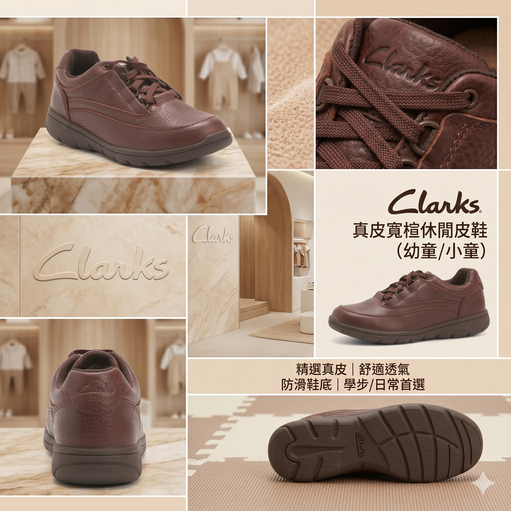 【預購】H0414107  Clarks 真皮寬楦休閒皮鞋 (幼童/小童)