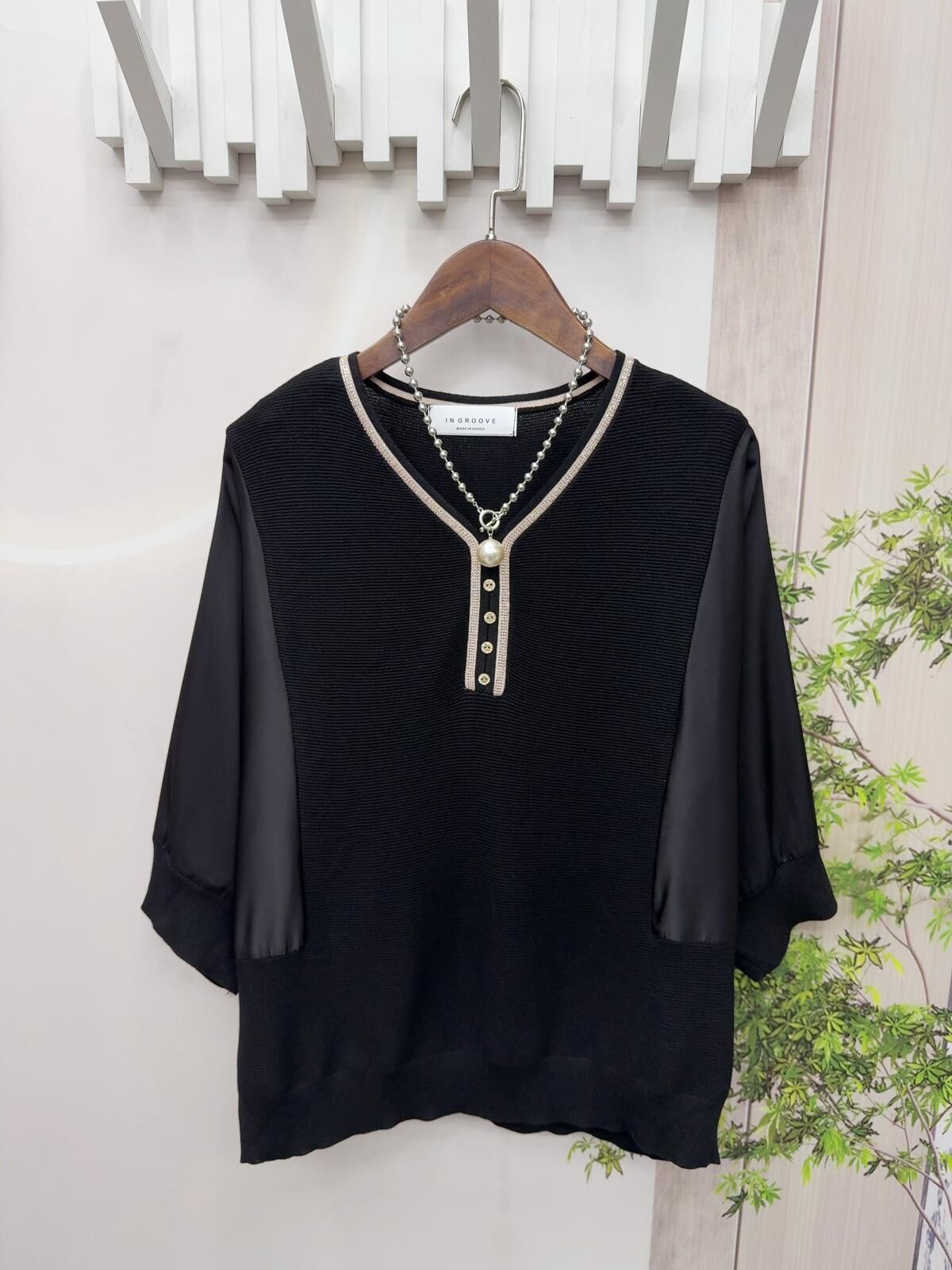 韓國高質拼色丁袖top~158C