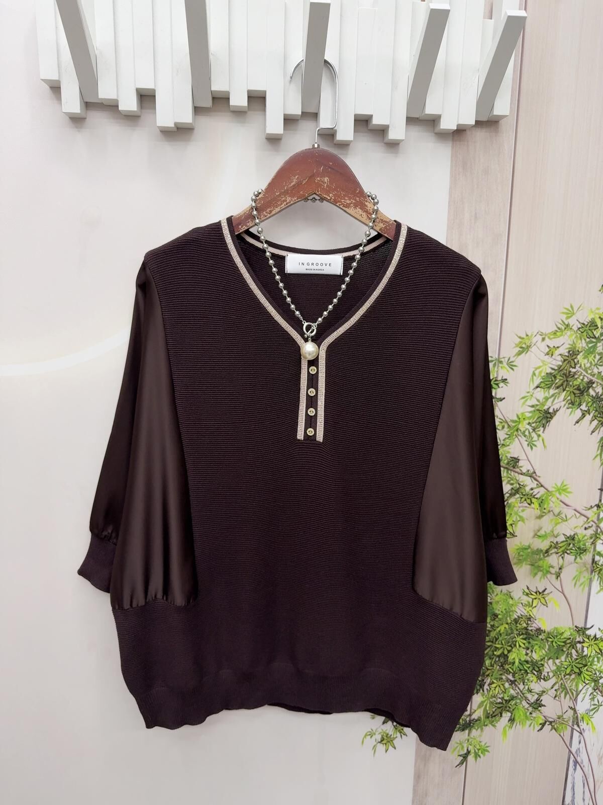 韓國高質拼色丁袖top~158C