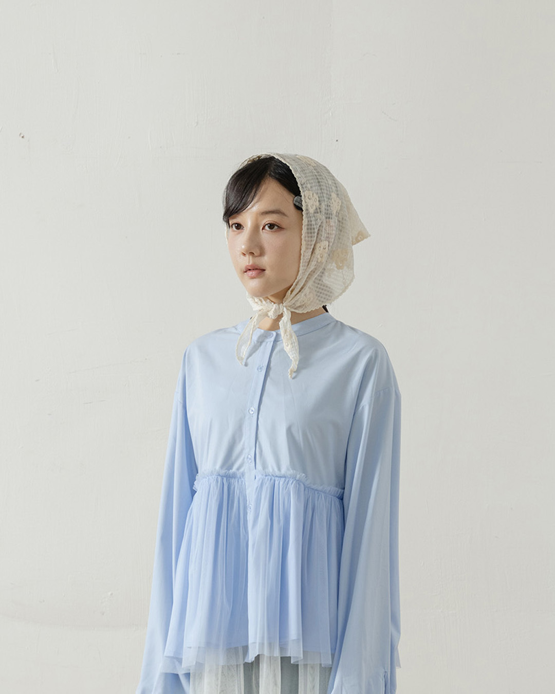 Floral embroidered plaid sheer triangular scarf【07130058】in stock+pre-order