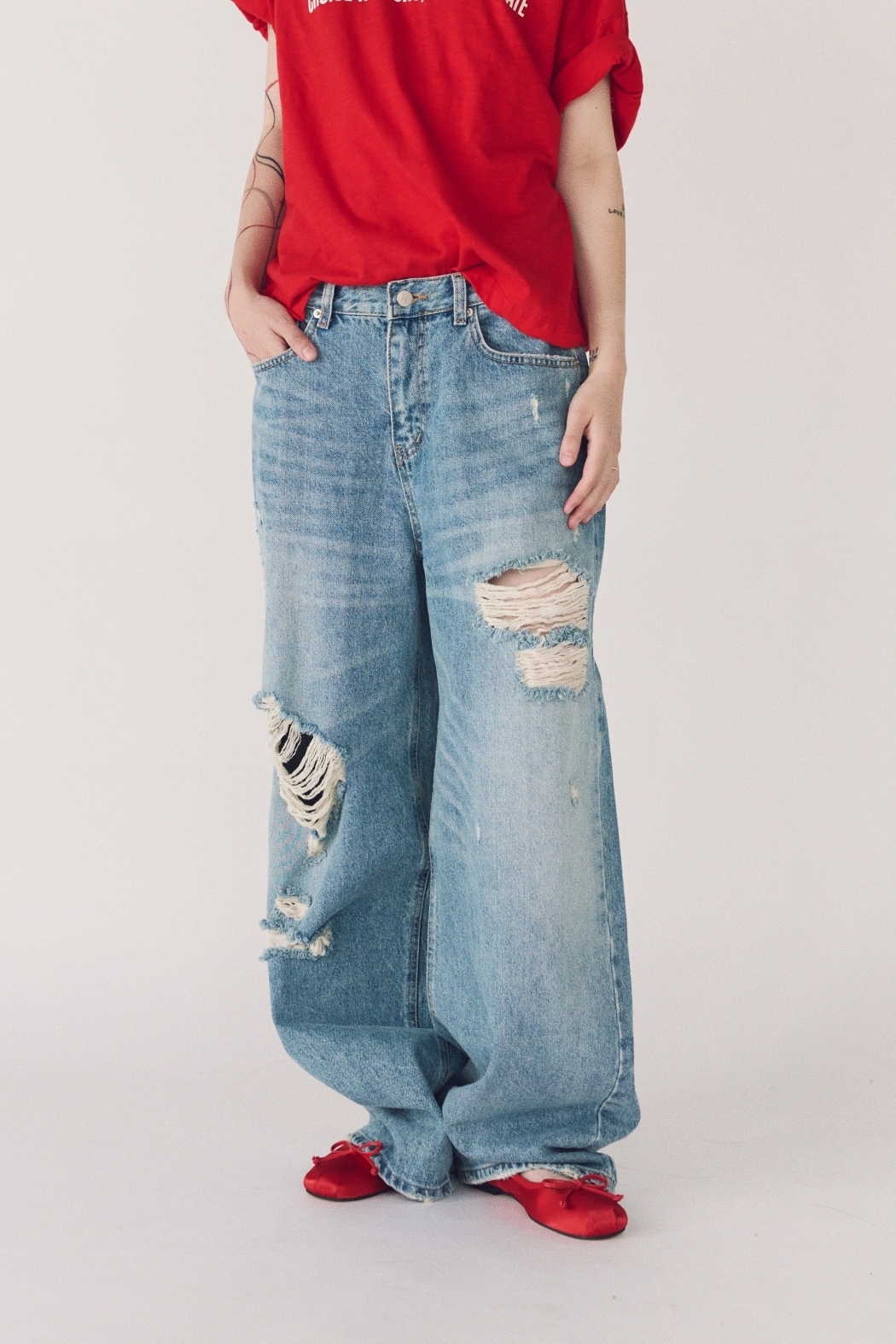 重工破損牛仔長褲