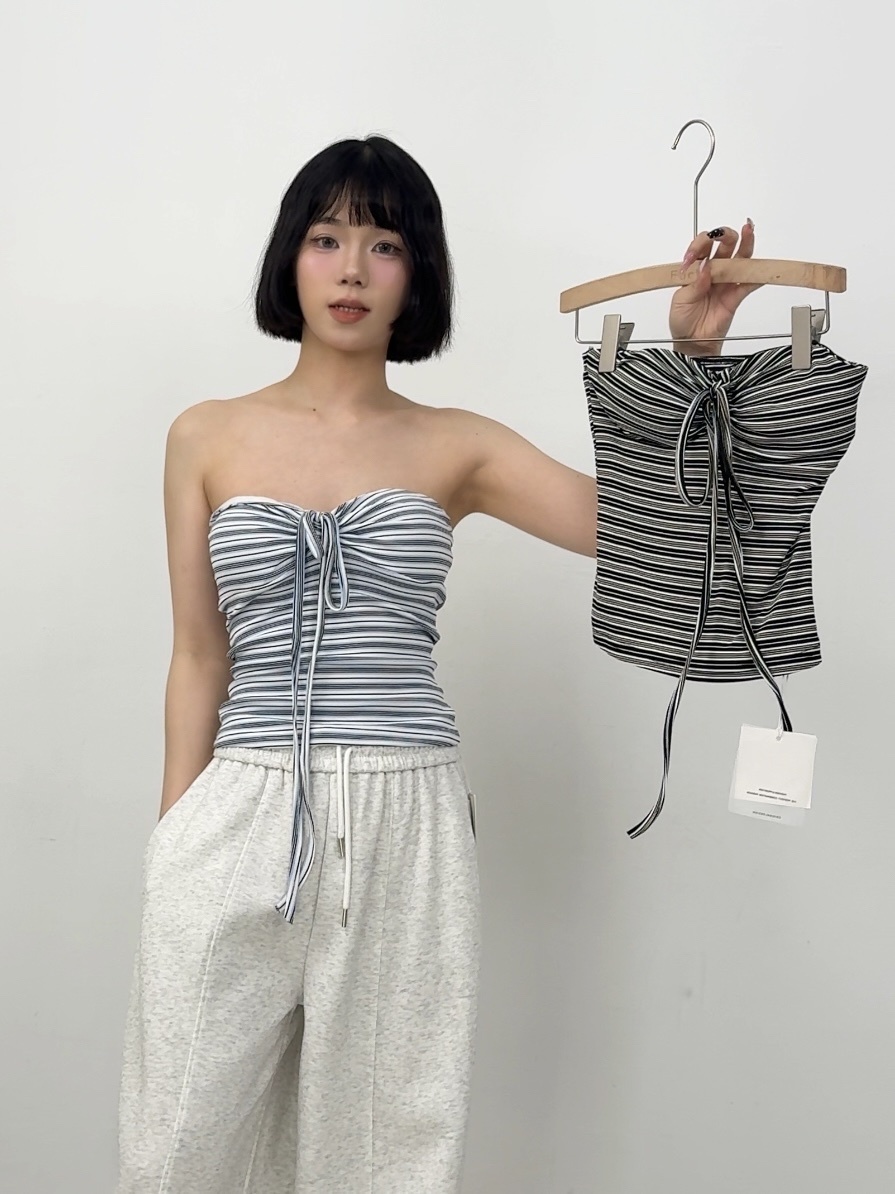 B106條紋歐膩感掛脖胸墊上衣