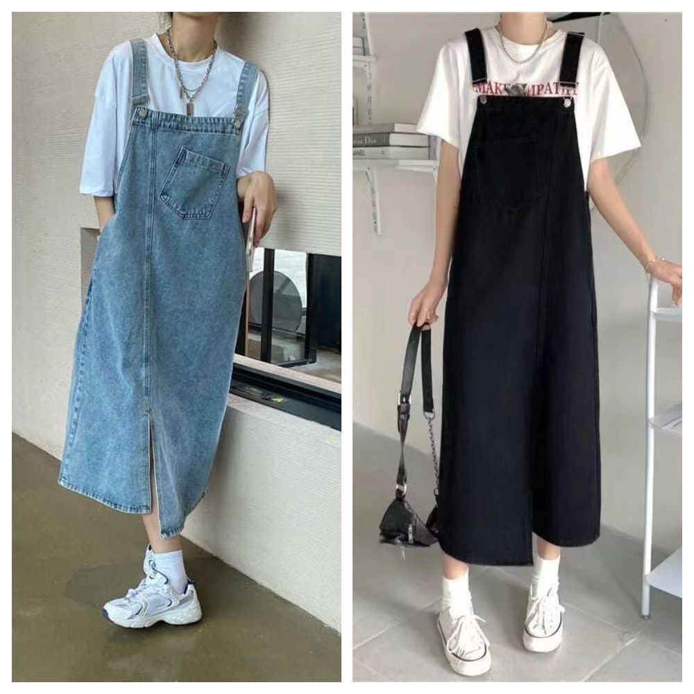 【ASister 小姊姊 】AS0864#中大尺碼吊帶牛仔洋裝☆無袖*平口單口袋*前開衩連身裙(2色 S-5XL)