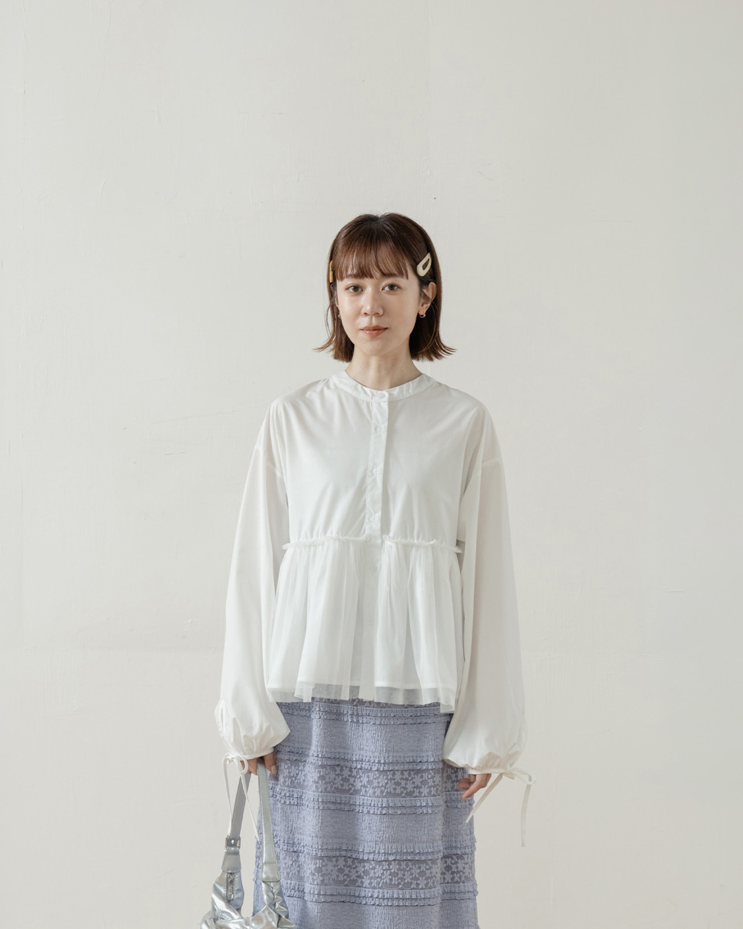 Zhongshan collar mesh-trimmed puff sleeve shirt, available in two colors.【01025722】in stock+pre-order