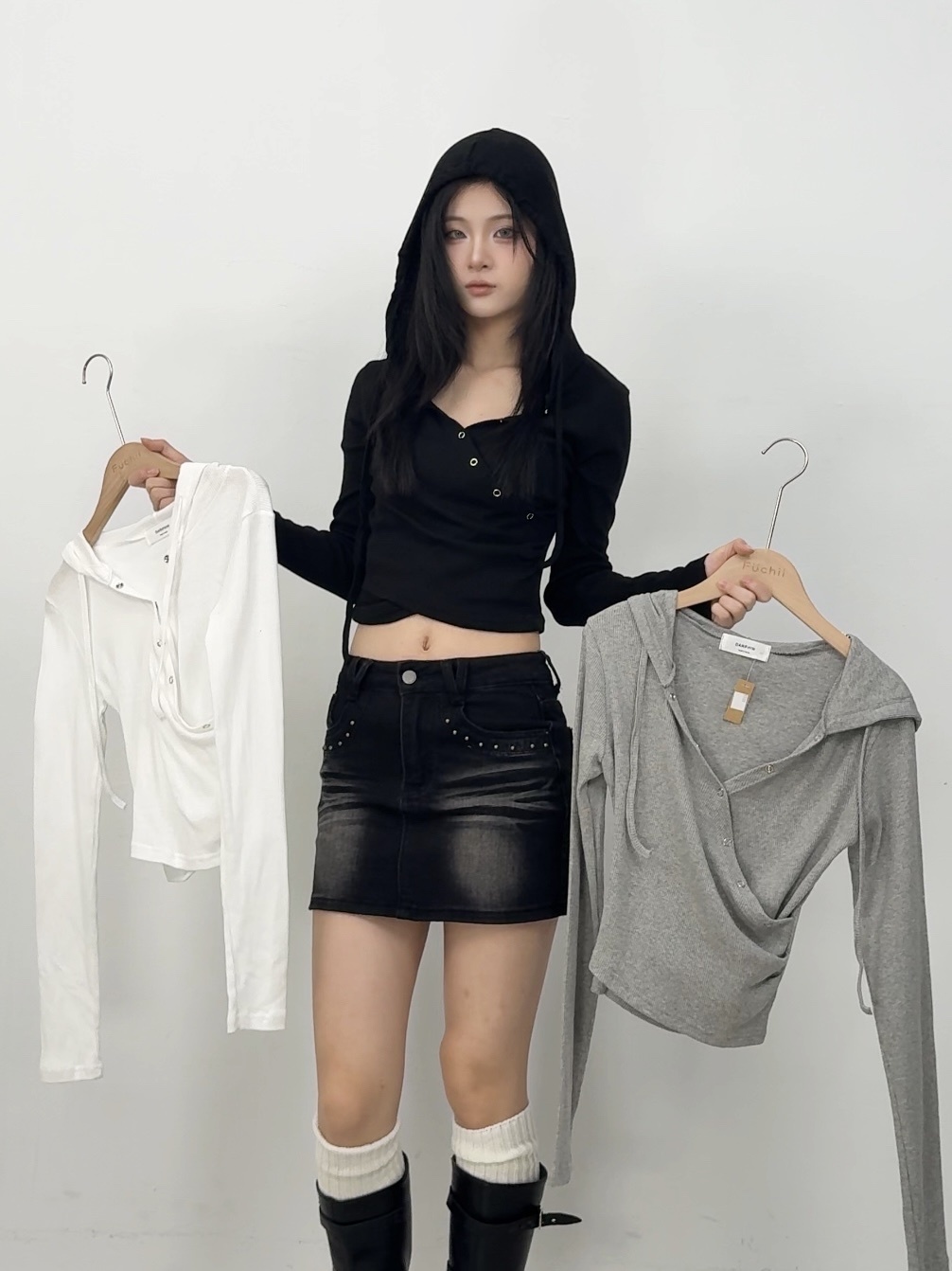 B109正韓交叉卯釘抽繩連帽長袖