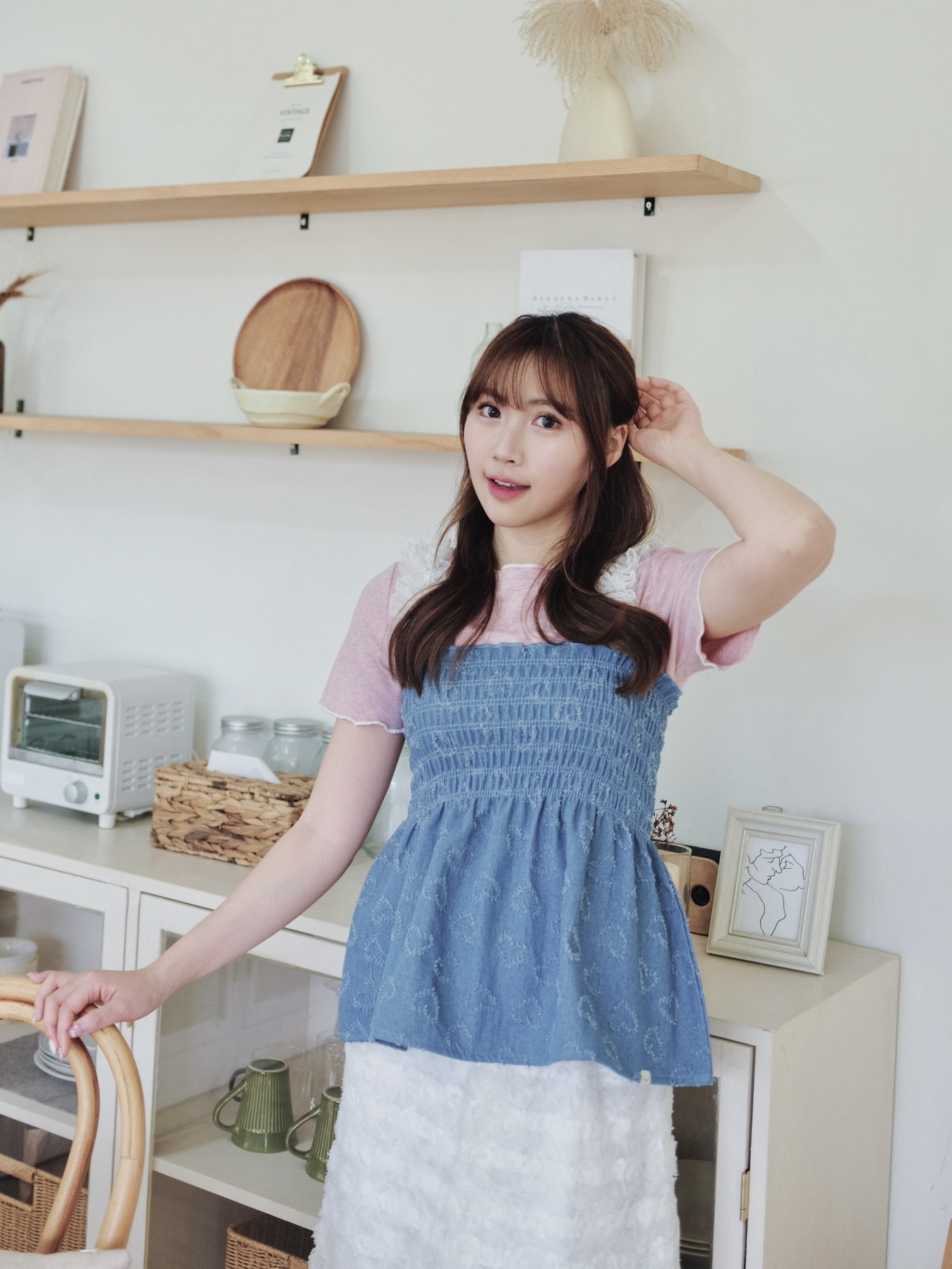兩色 / 心形牛仔束褶荷葉肩帶馬甲 / Heart Jacquard Ruffled Straps Denim Cami Top