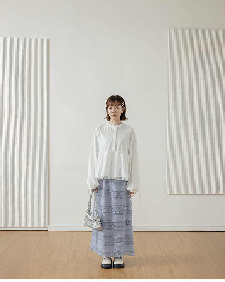 Zhongshan collar mesh-trimmed puff sleeve shirt, available in two colors.【01025722】in stock+pre-order