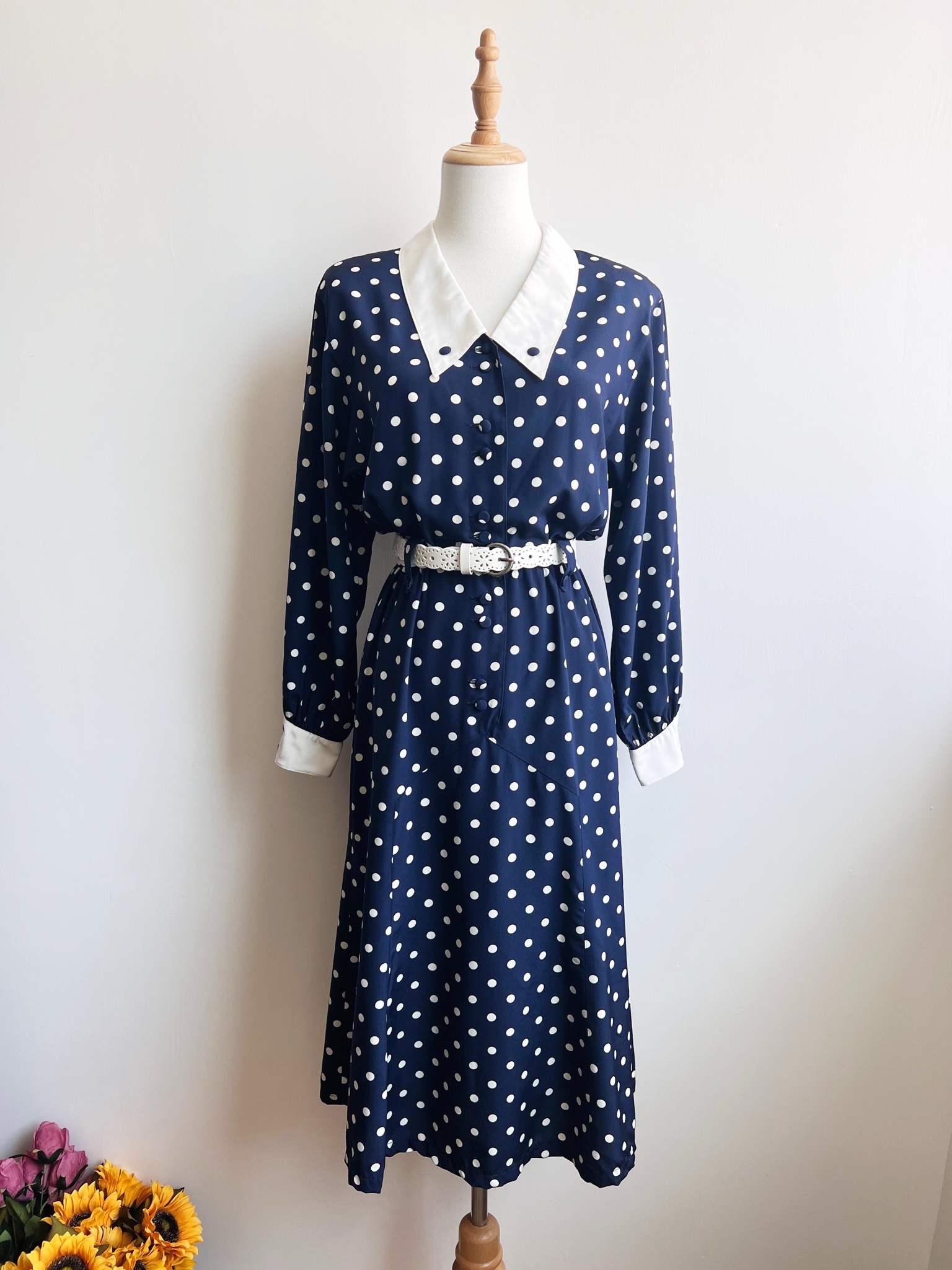 海藍波點古著連身裙