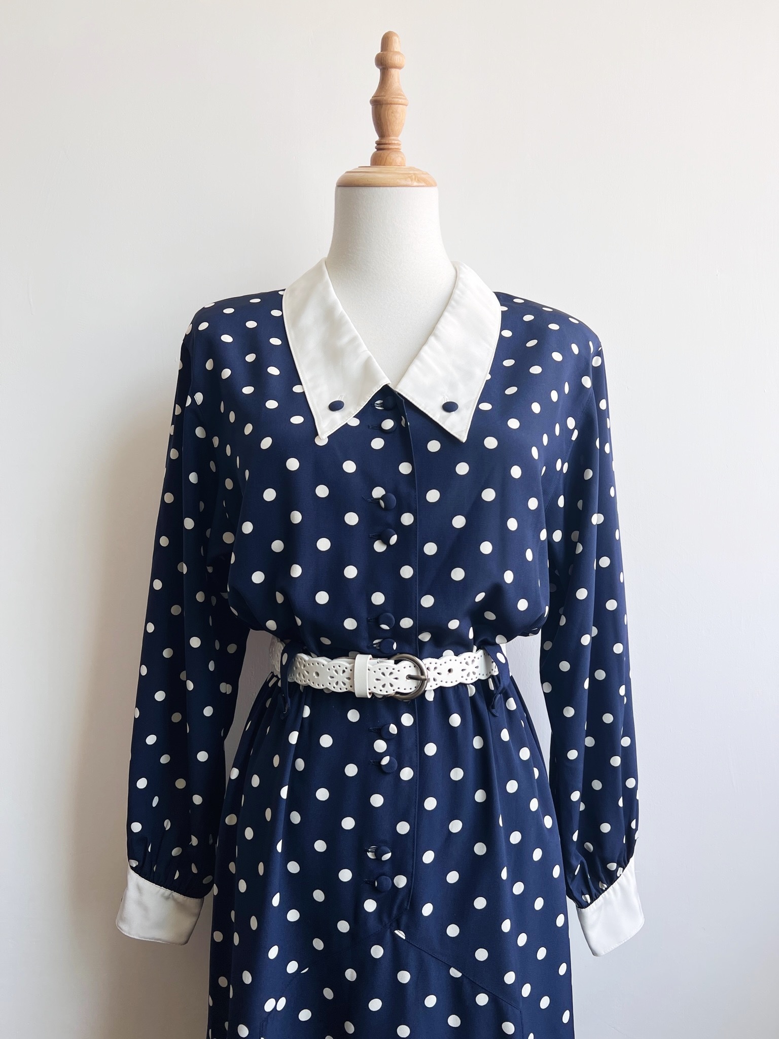 海藍波點古著連身裙