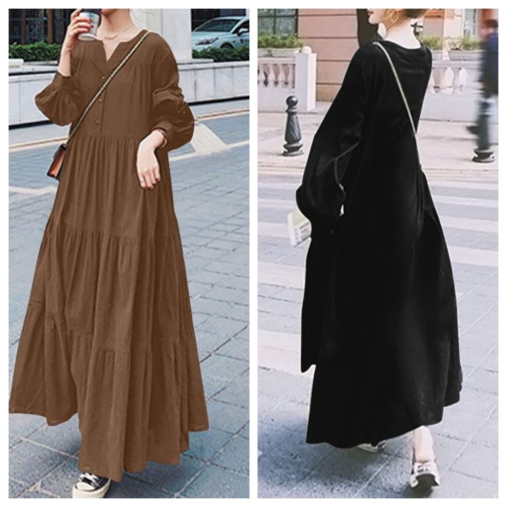 【ASister 小姊姊 】AS1220#中大尺碼洋裝☆春秋*圓領小v三釦3層蛋糕裙襬*連身裙(3色 S-5XL)