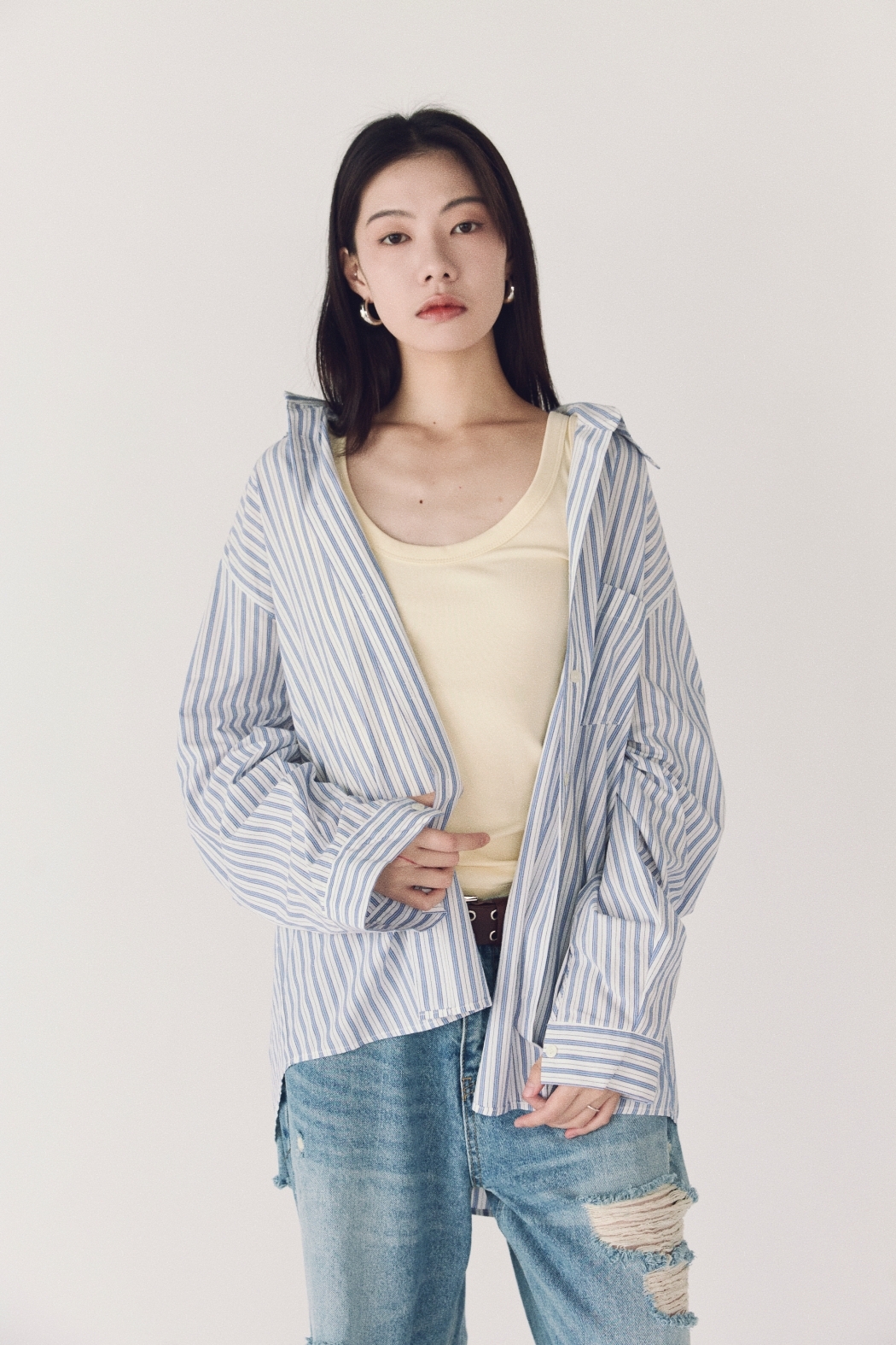 清新直紋寬鬆襯衫-藍