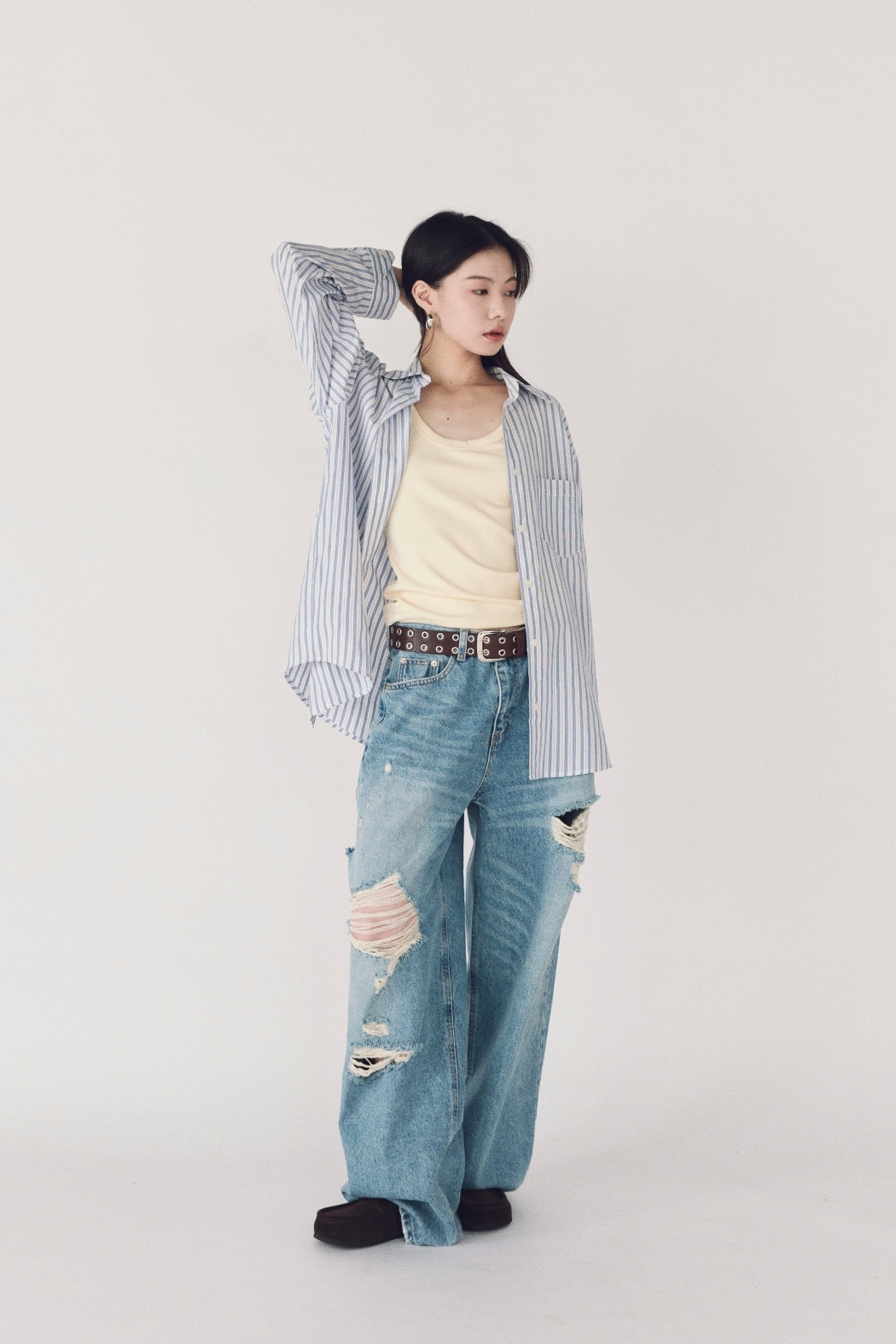 清新直紋寬鬆襯衫-藍