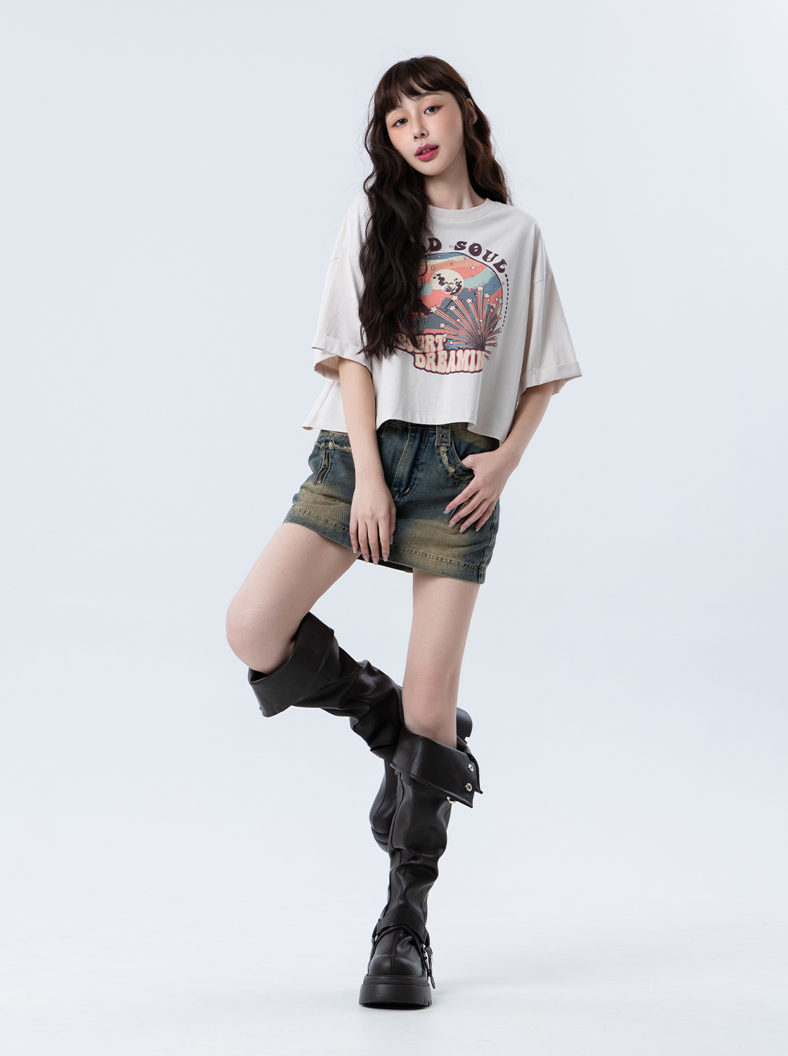 刷色鬚邊拉鍊牛仔短裙