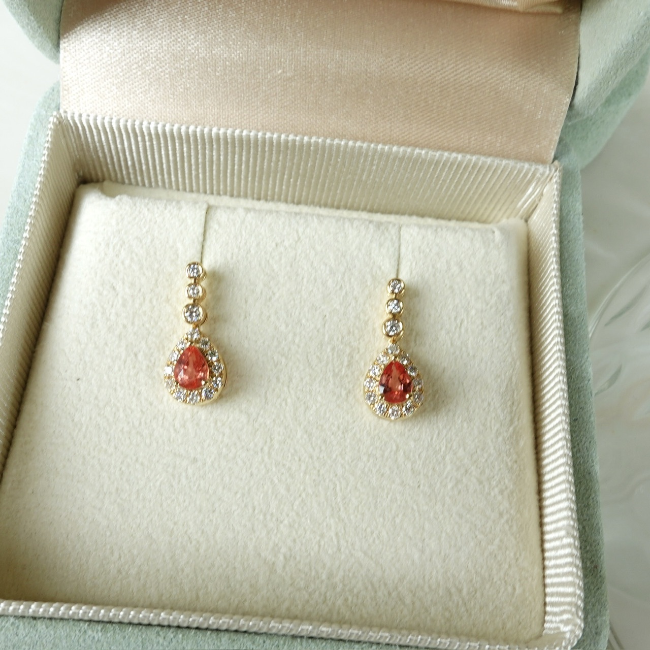 18K金Padparadscha鑽石復古耳釘 - 日落色