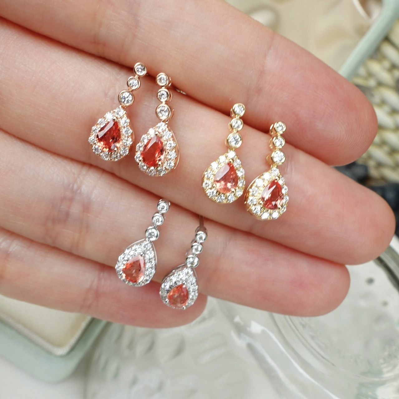 18K金Padparadscha鑽石復古耳釘 - 日落色