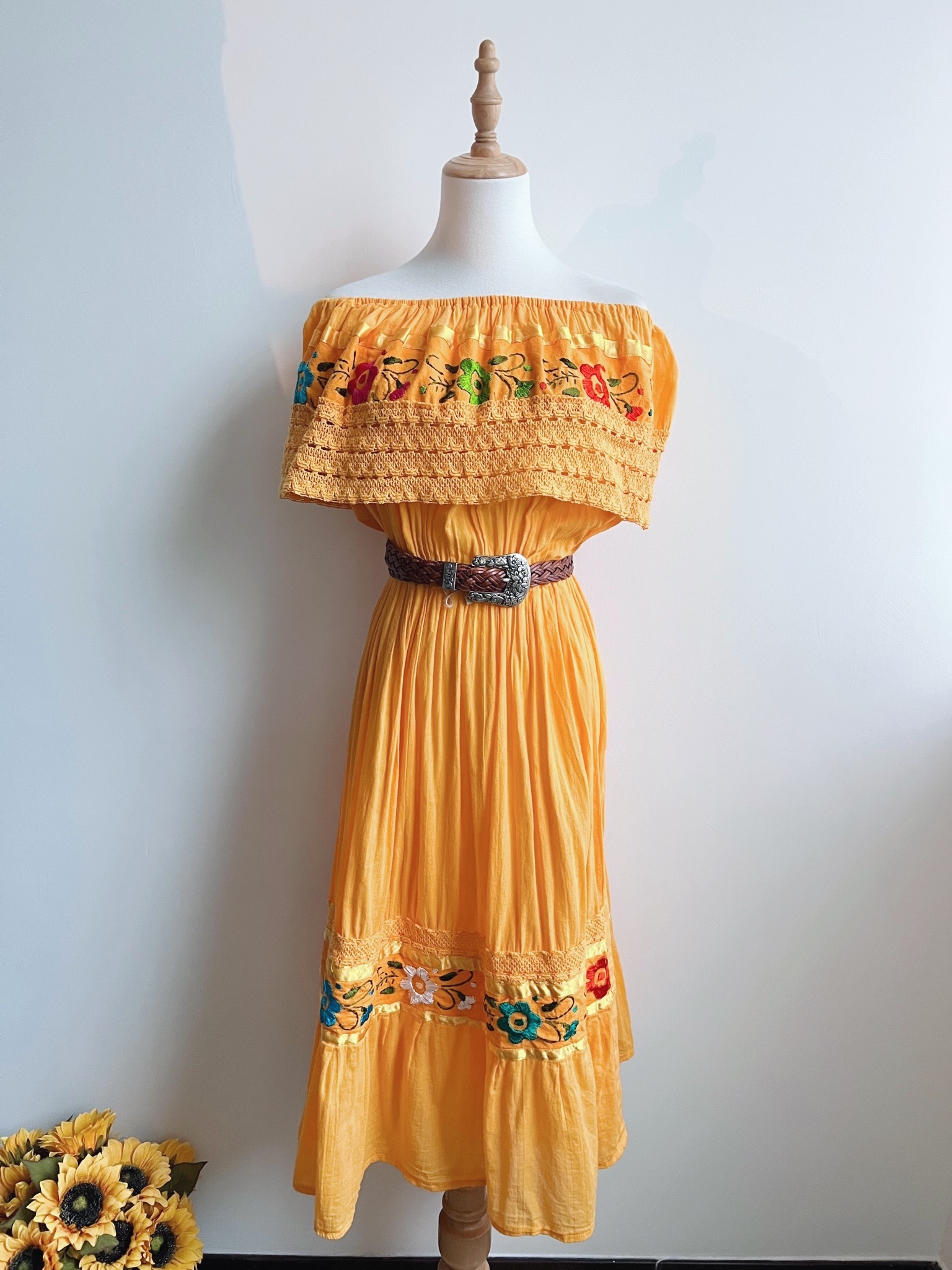 Mango Yellow Mexican Embroidered Dress