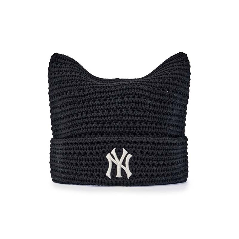 MLB 鉤織貓耳帽 春夏款 紐約洋基隊 黑色 Karina 同款 MLB-10 [台灣現貨]